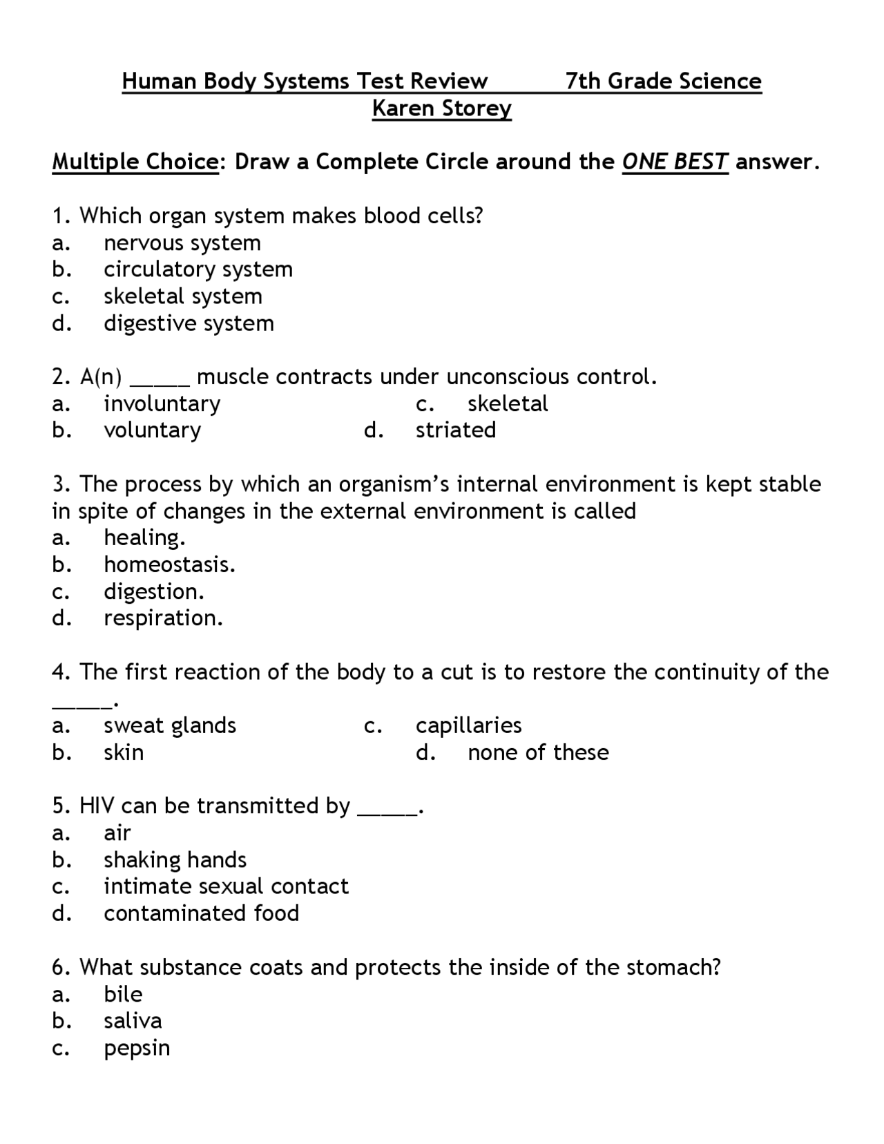 Human Body Systems Test Review 7th Grade Science Karen Study