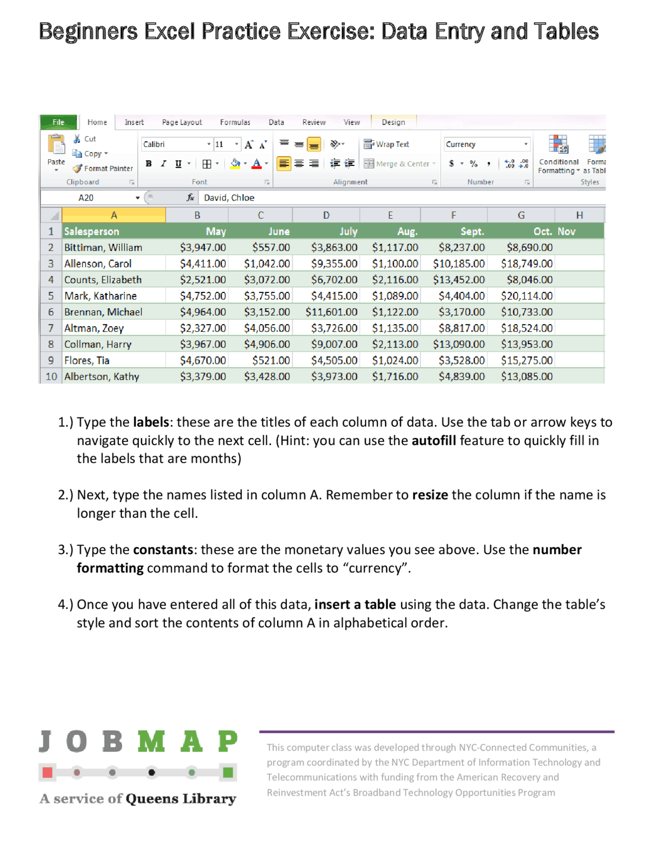 Beginners Excel Practice Exercise Data Entry and Tables Study notes