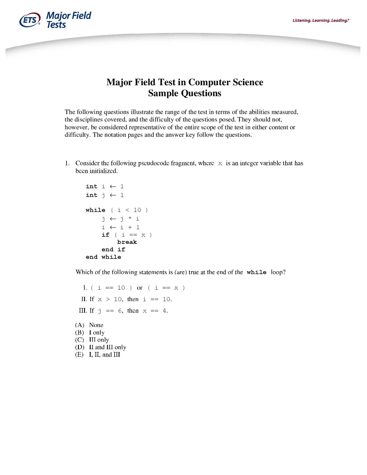 Computer Science Selection Test Example Major Field Test in Computer Science Sample Questions | Exercises ...