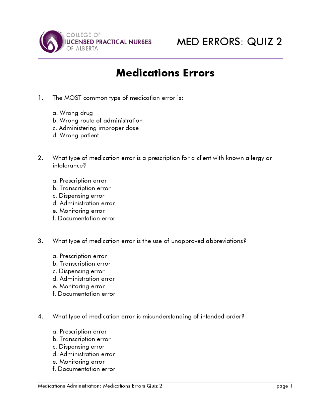 Medications Errors Quiz Docsity
