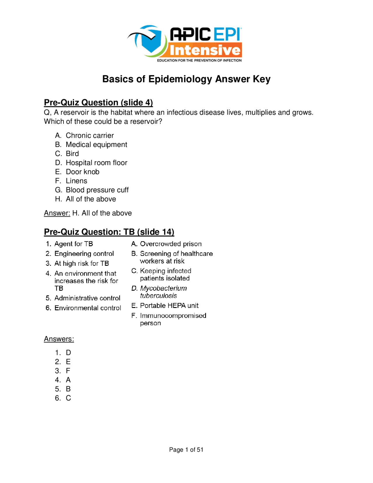 Basics of Epidemiology Answer Key Study Guides, Projects, Research