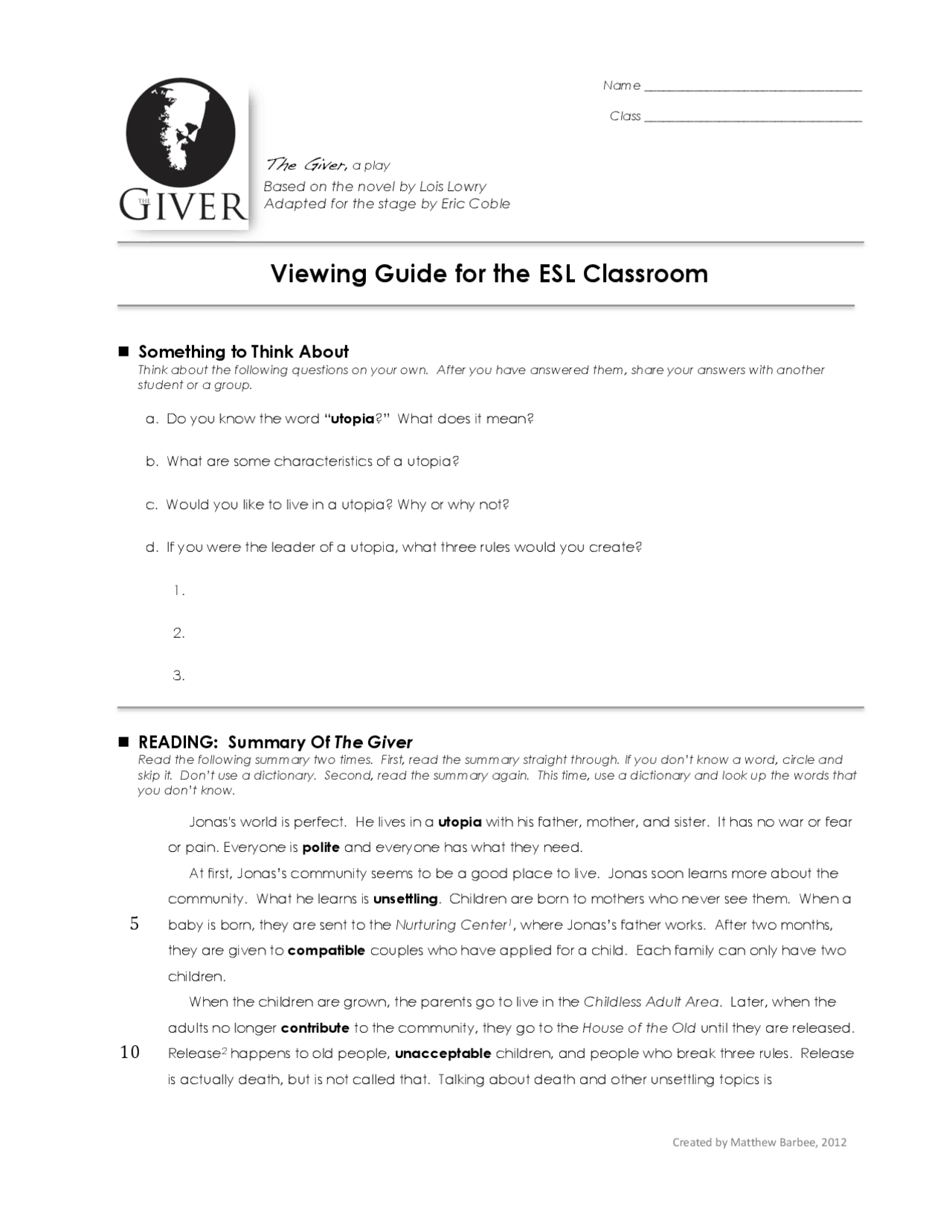 A Study Guide for 'The Giver' by Lois Lowry: Understanding Utopias and ...
