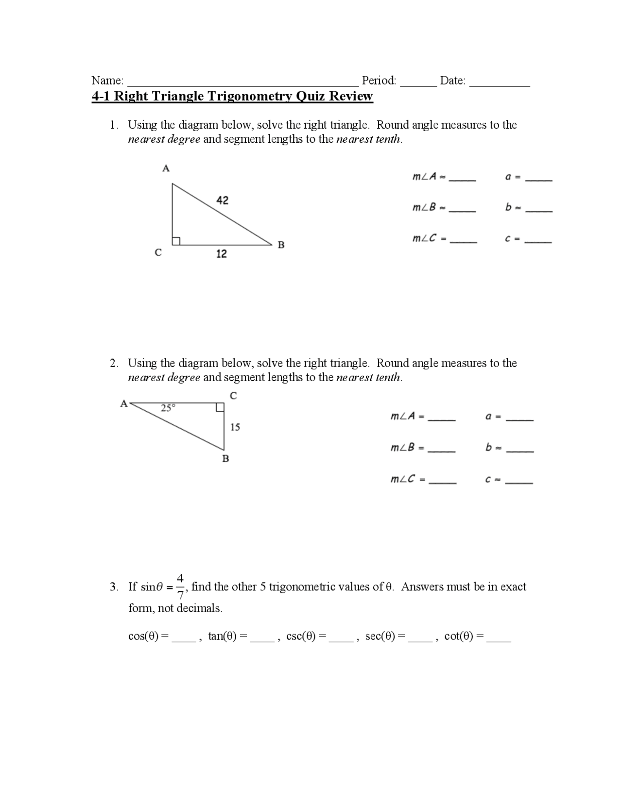 41 Right Triangle Trigonometry Quiz Review Docsity