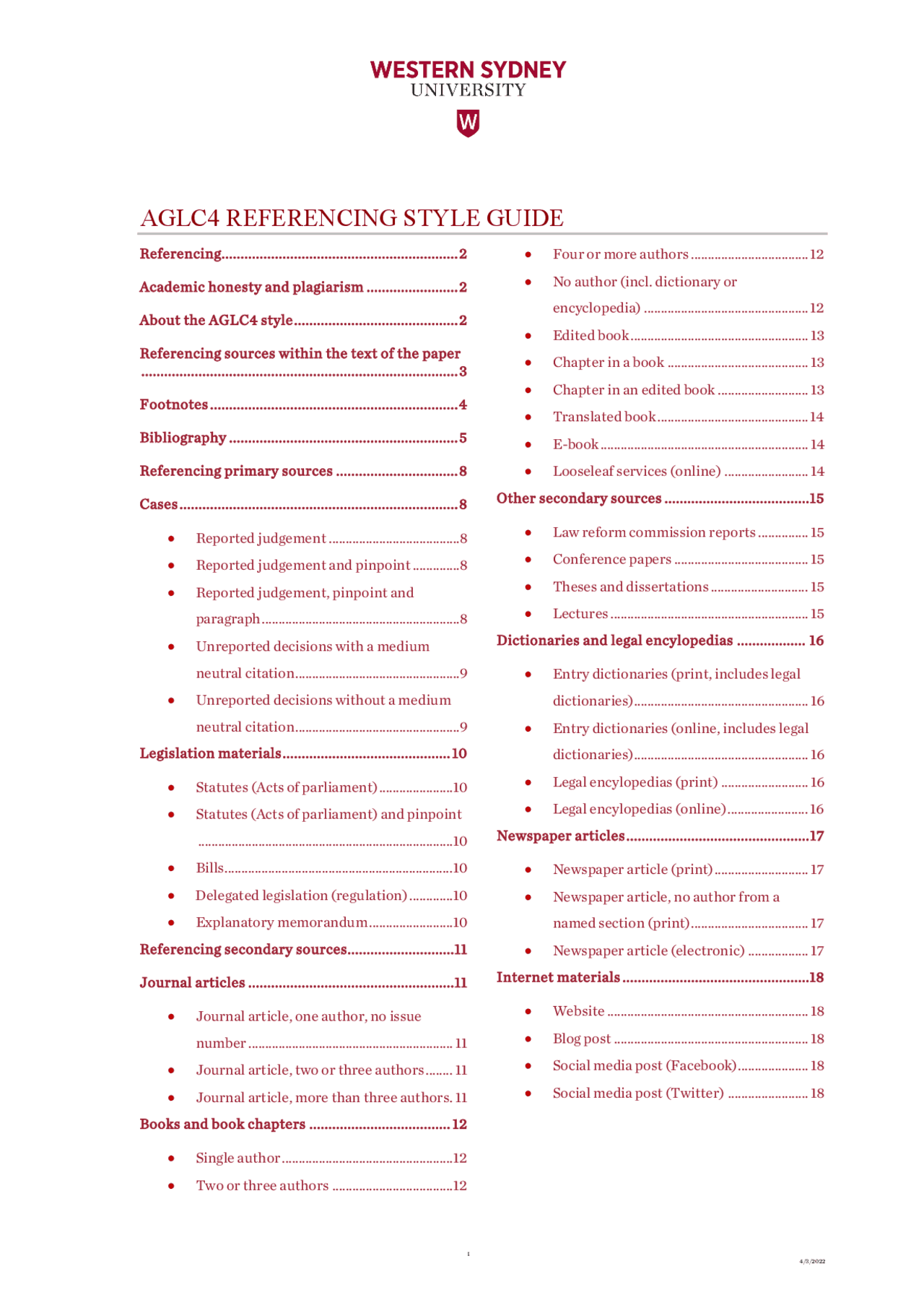 AGLC4 REFERENCING STYLE GUIDE | Exercises Law | Docsity
