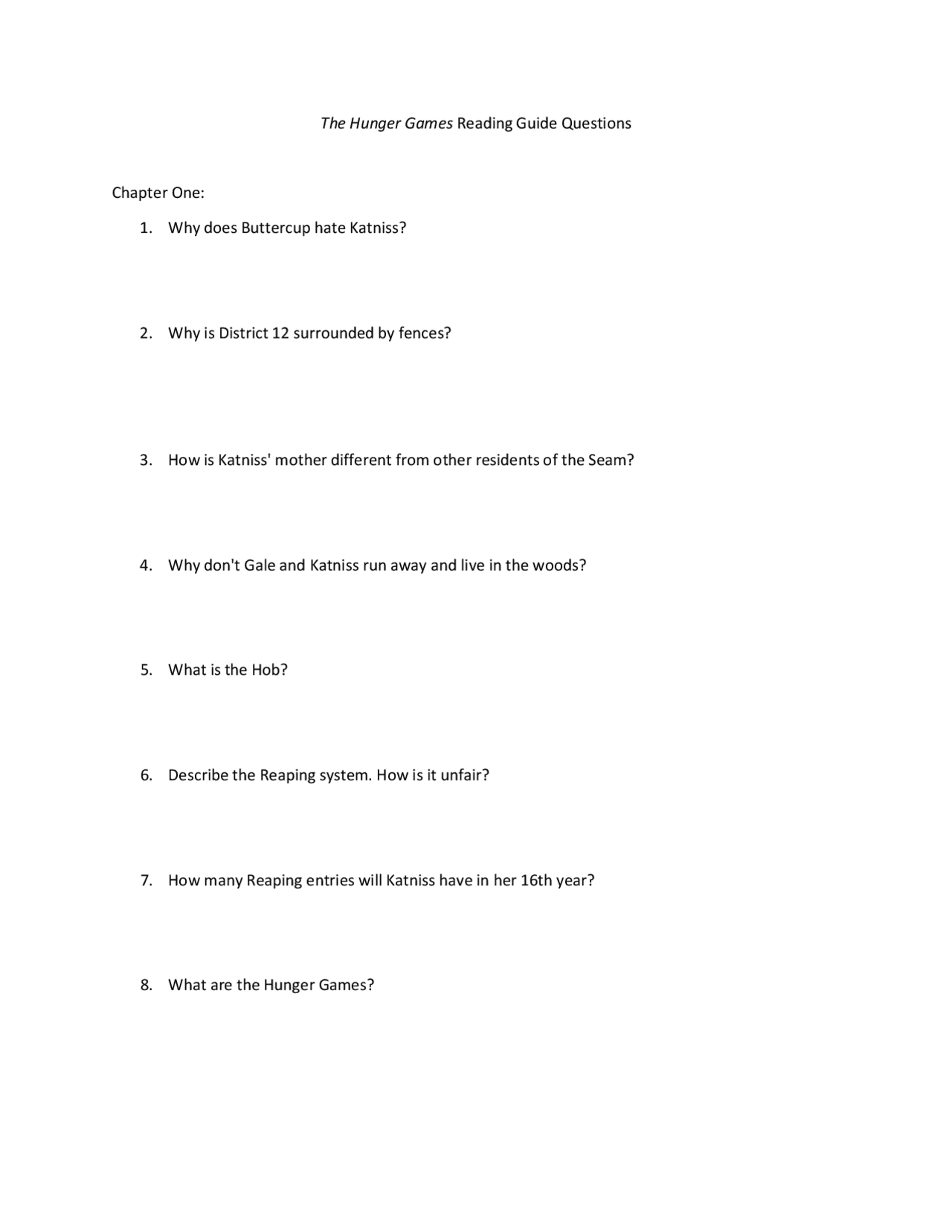The Hunger Games Reading Guide Questions Chapter One Exercises