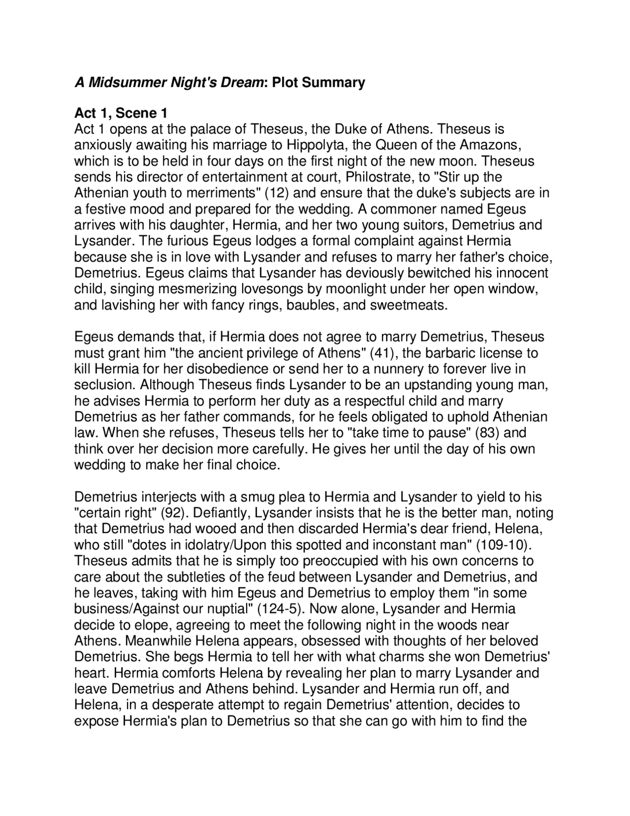 A Midsummer Night S Dream Plot Summary Study Notes Law Docsity