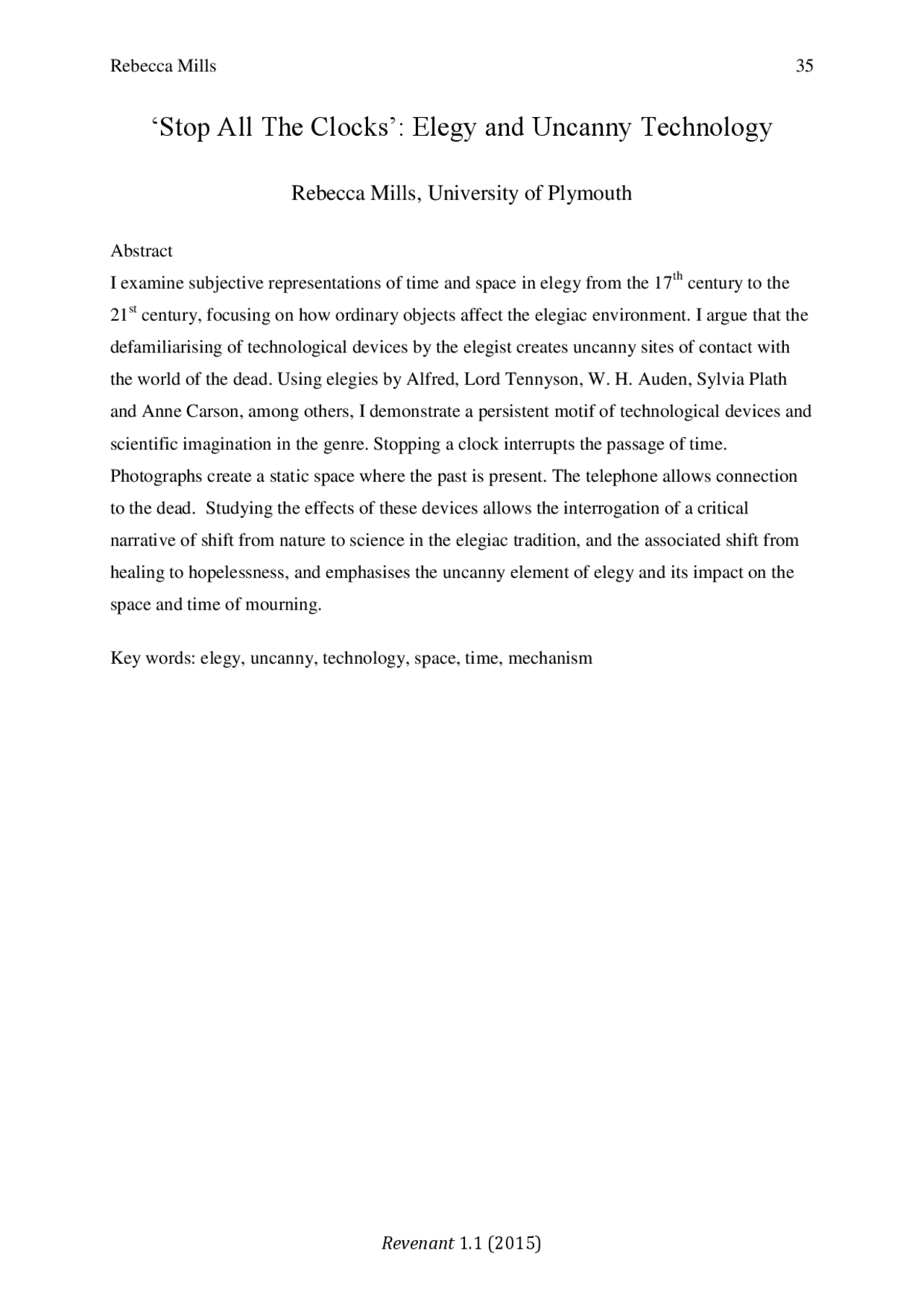 „Stop All The Clocks‟ Elegy and Uncanny Technology Lecture notes