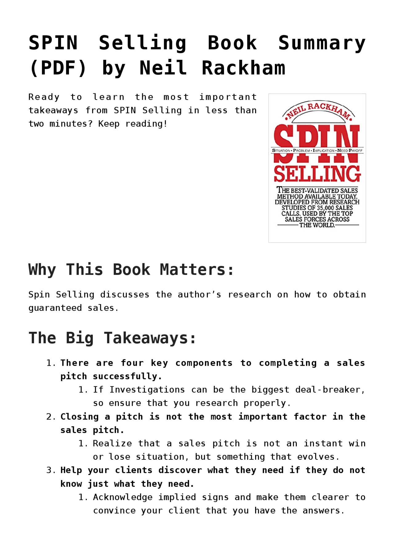 SPIN Selling Book Summary (PDF) by Neil Rackham Study notes English Literature Docsity
