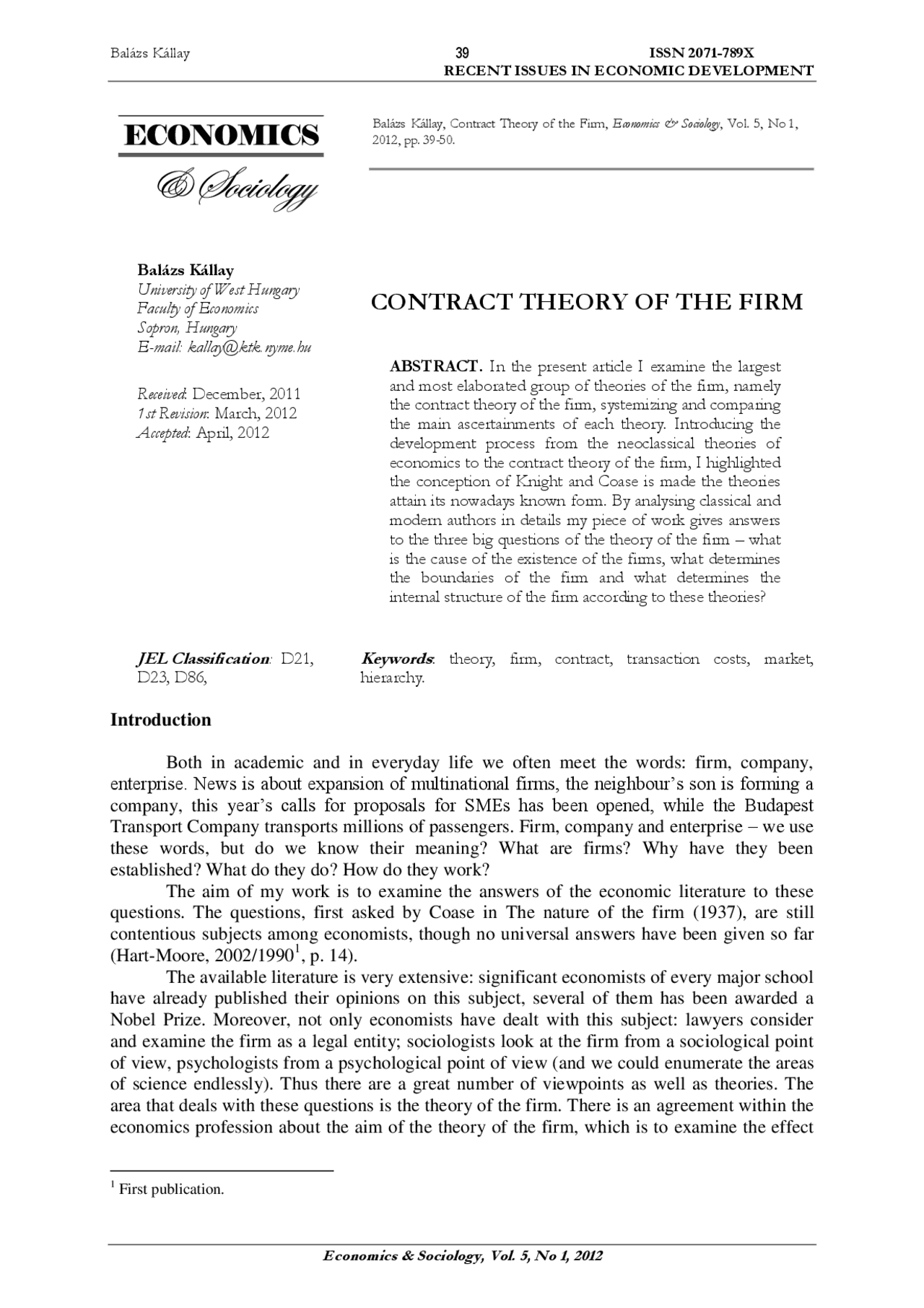 Economic Contract Example CONTRACT THEORY OF THE FIRM | Lecture notes Economics | Docsity