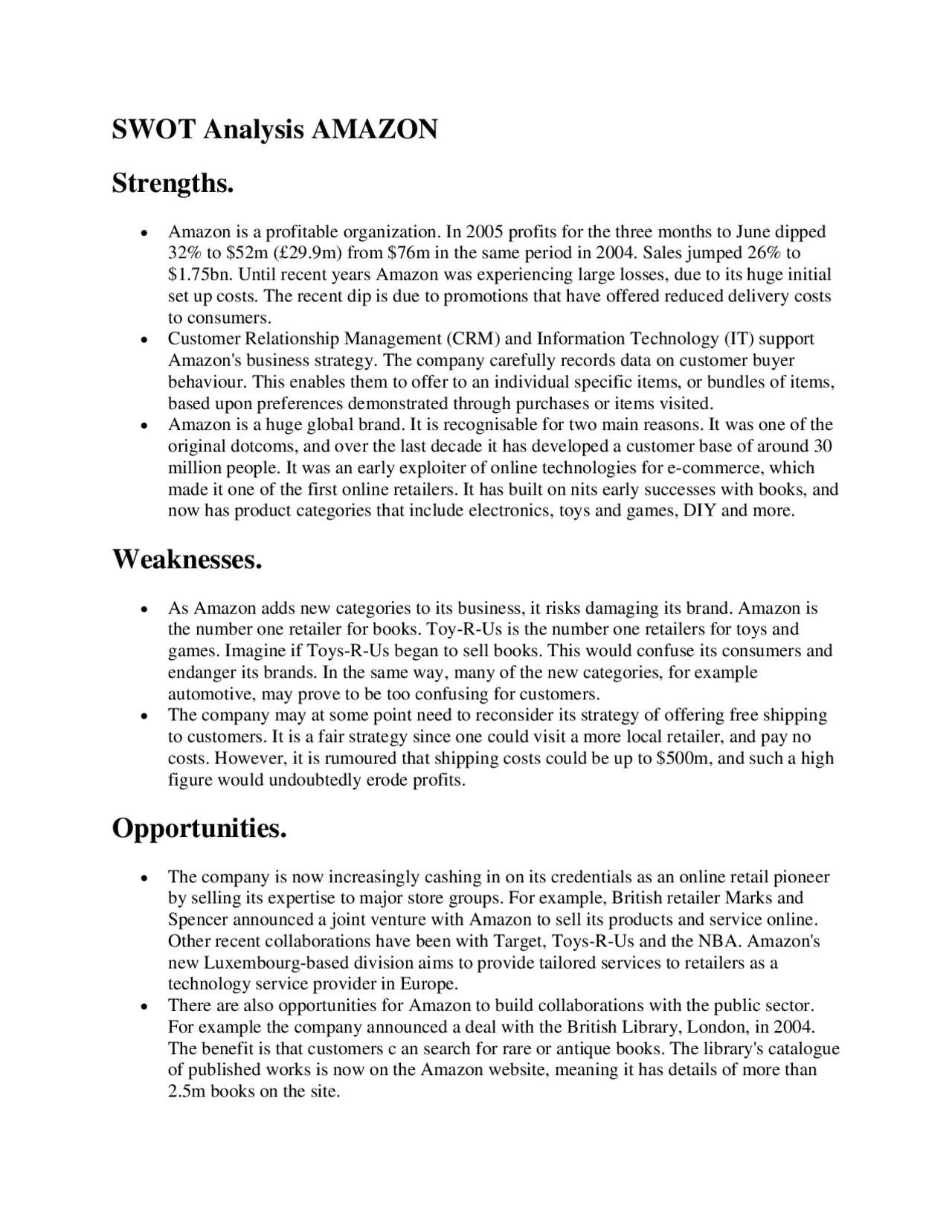 SWOT Analysis AMAZON Strengths. | Exercises Business Strategy - Docsity
