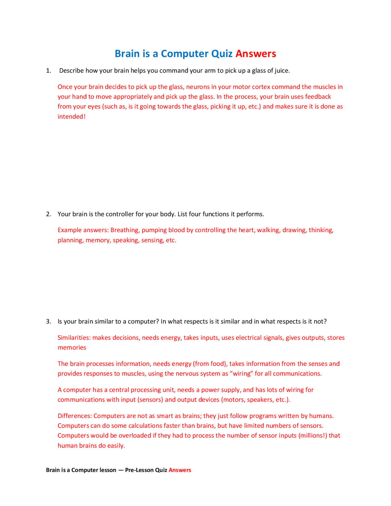 Brain as a Computer: Pre-Lesson Quiz Answers and Discussion | Exams ...