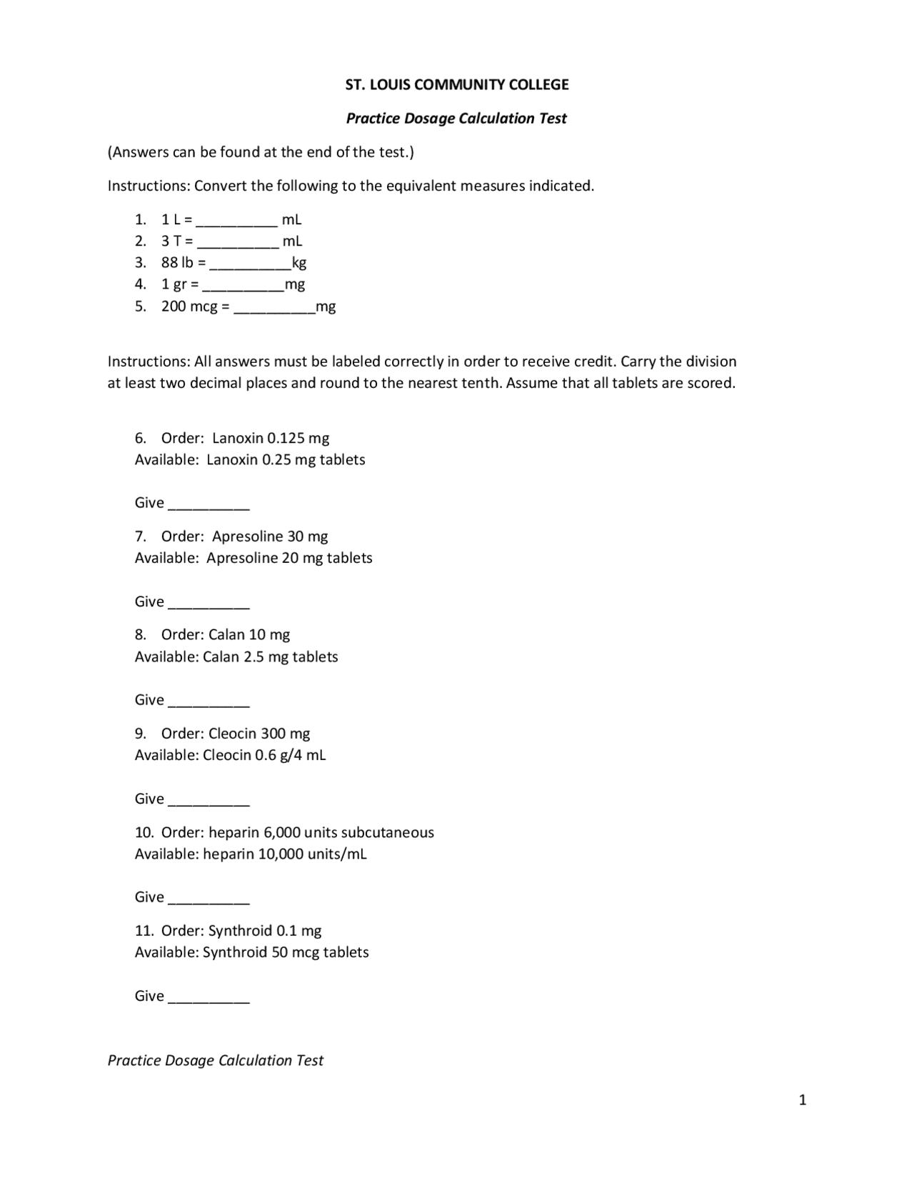 Practice Dosage Calculation Test Pdf Slides Nursing Docsity