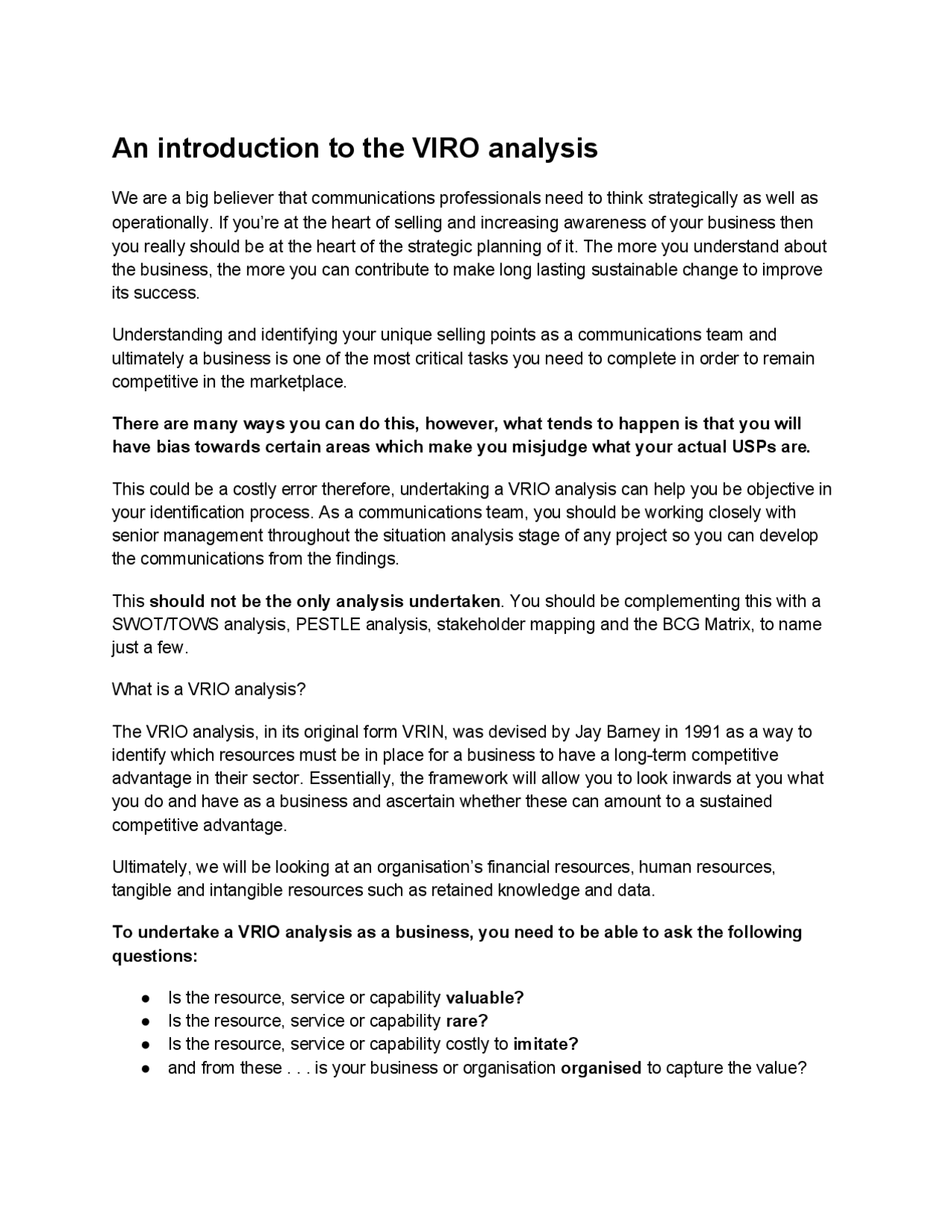 An introduction to the VIRO analysis | Study notes Business Accounting ...