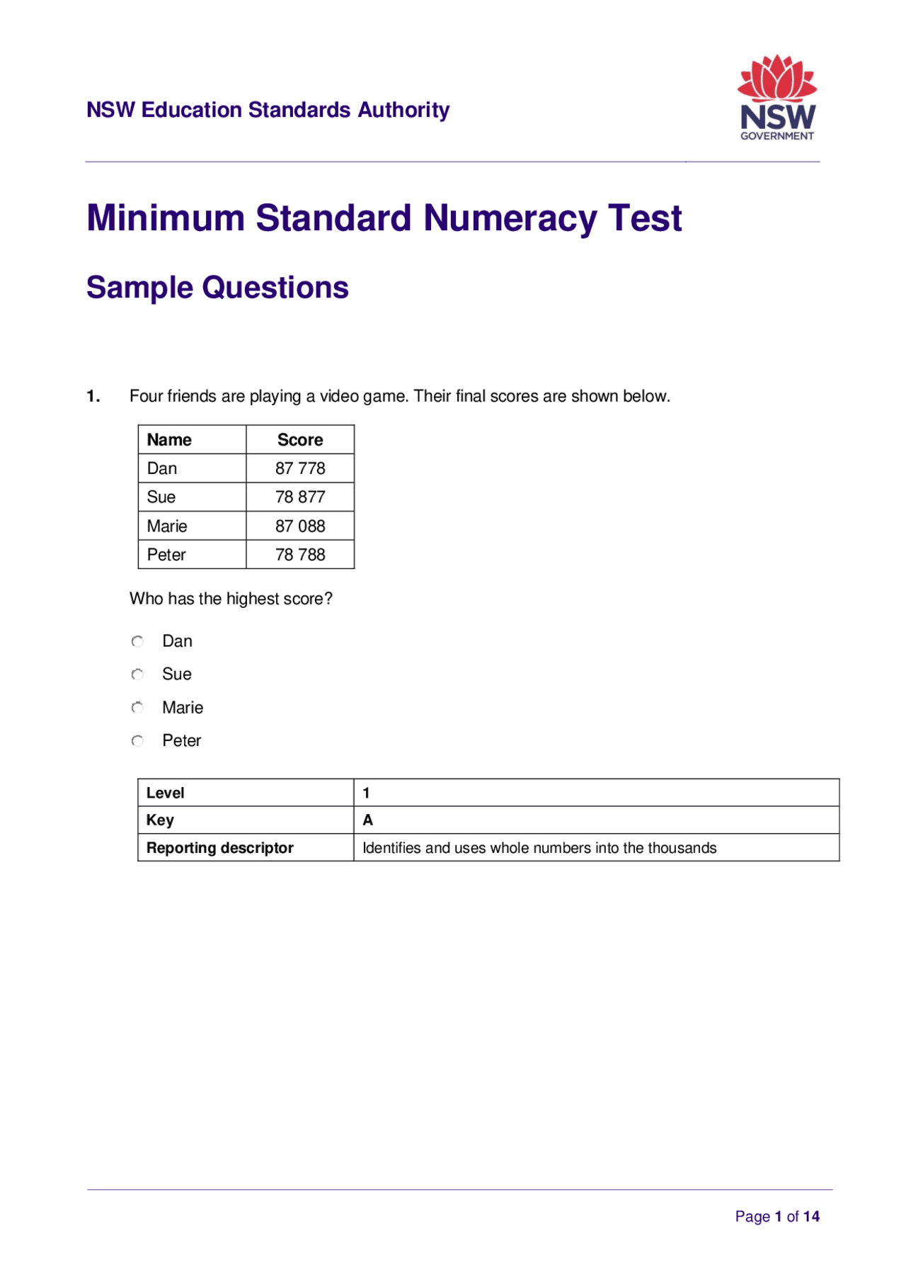 Minimum Standards Writing Example Minimum Standard Numeracy Test | Exercises Number Theory | Docsity