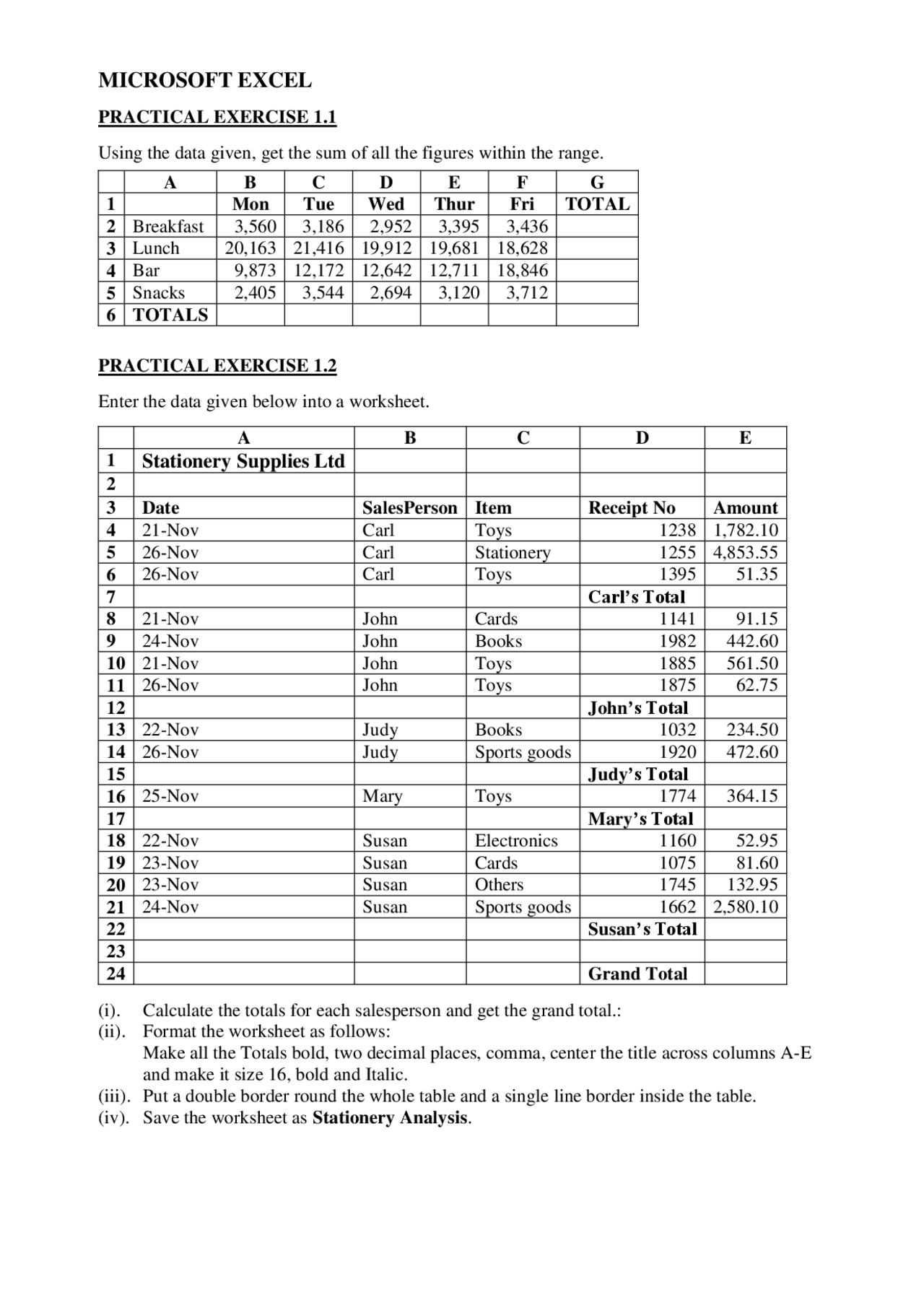 Microsoft Excel: Practical Exercises | Exercises MS Microsoft Excel ...