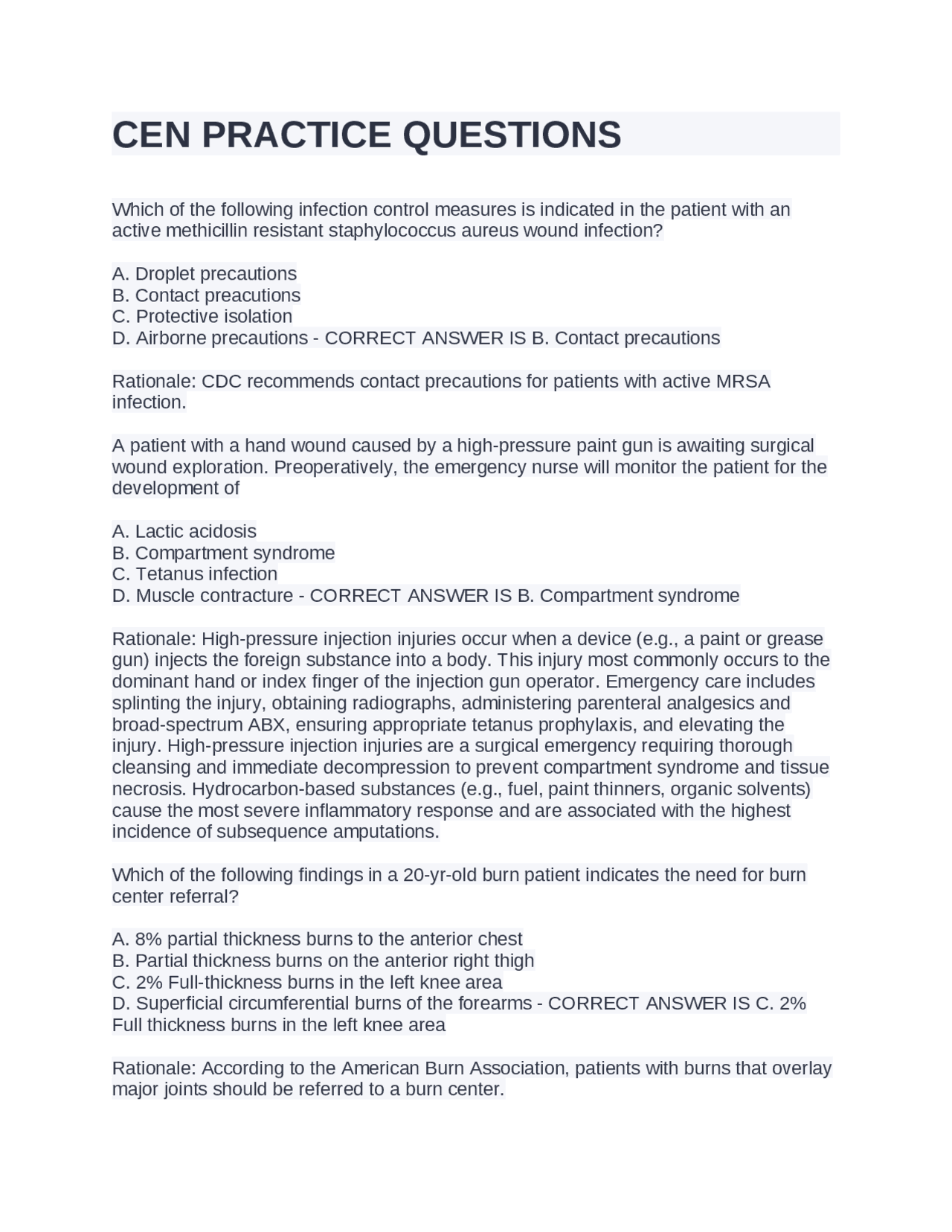CEN PRACTICE QUESTIONS LATEST GRADED A Docsity