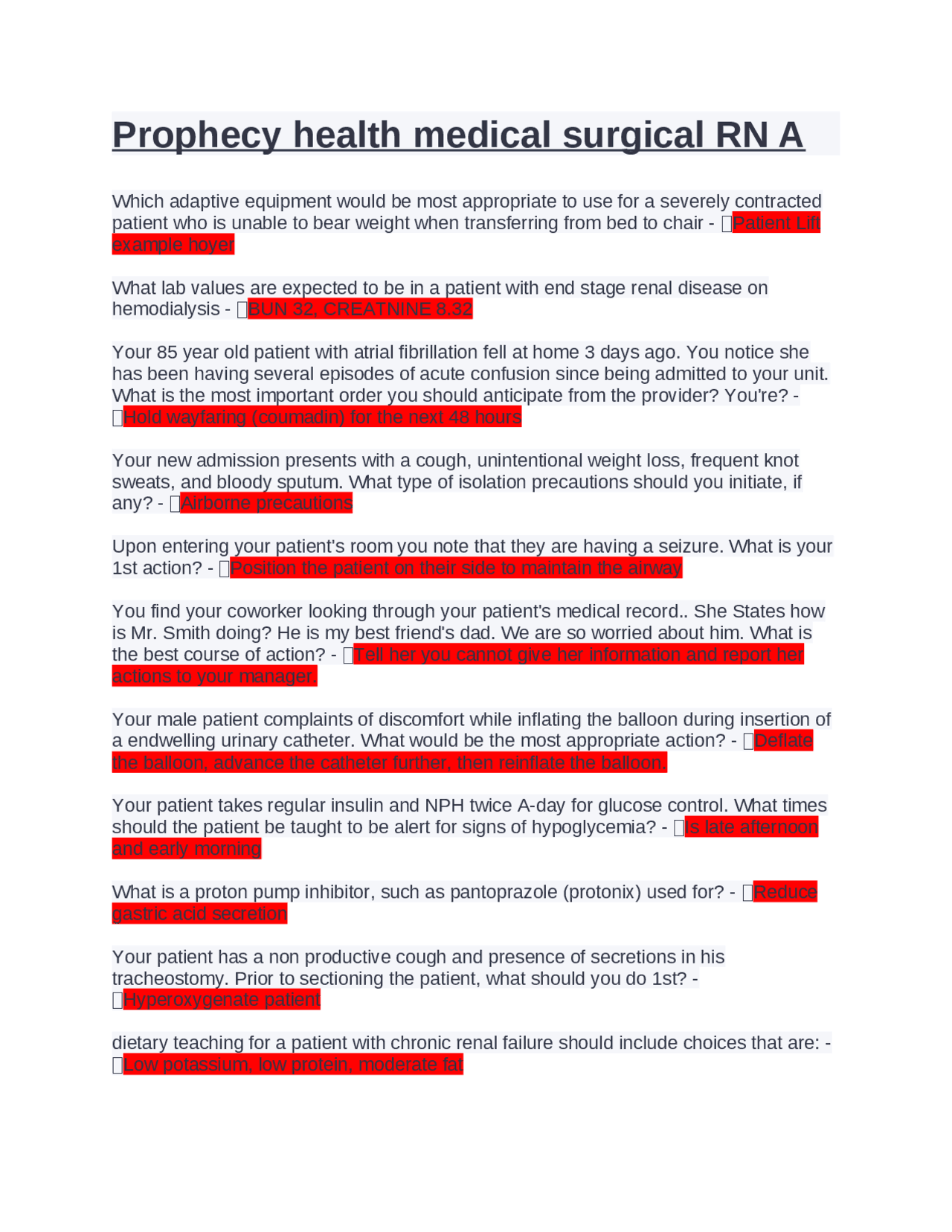 Prophecy health medical surgical RN A.Questions and Answers Exams