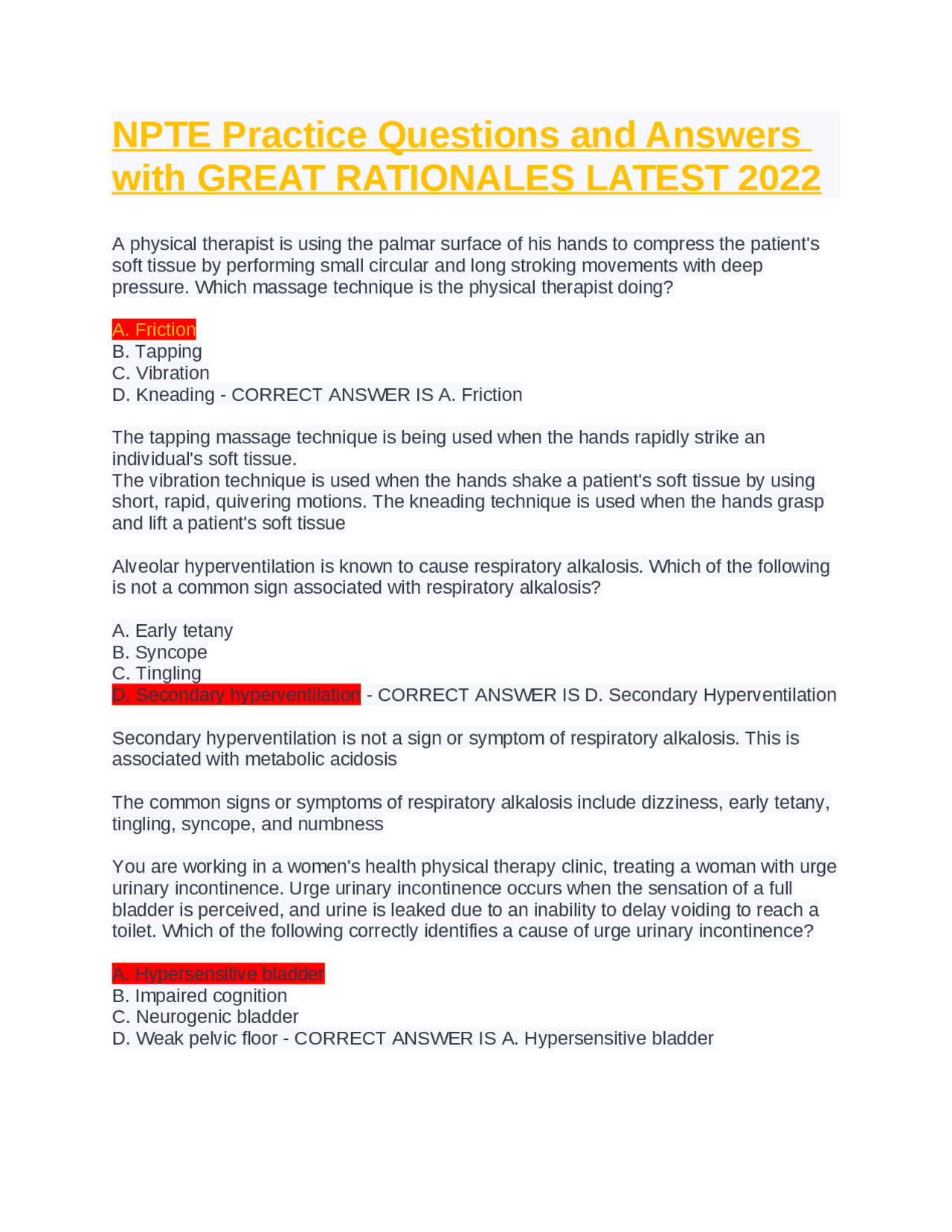 NPTE Practice Questions and Answers with GREAT RATIONALES LATEST 2022 ...