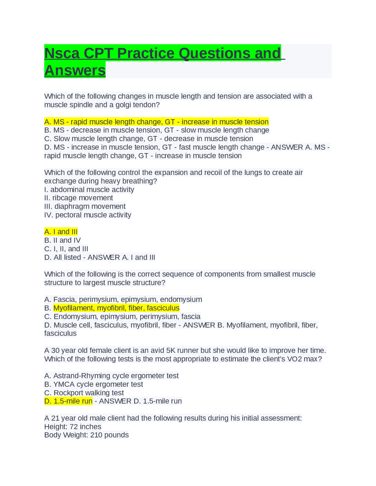 Nsca CPT Practice Questions and Answers latest 2021;2022 - Docsity