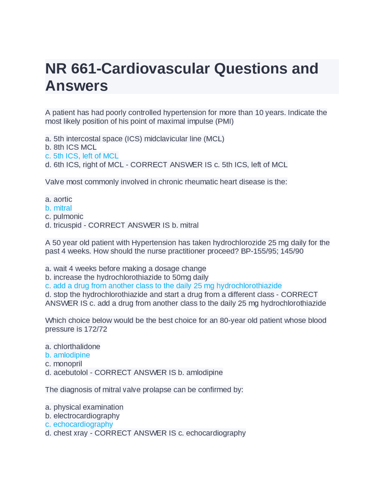 NR 661Cardiovascular Questions and Answers Docsity