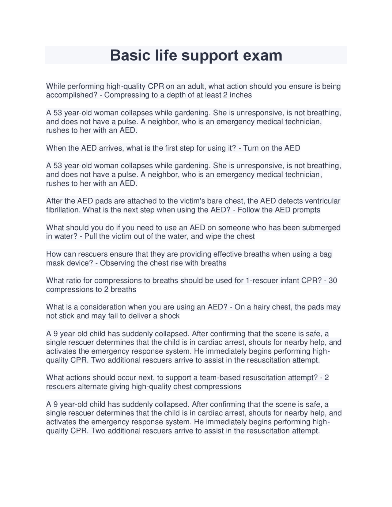 Basic life support exam (Latest 2022/2023) Exams Medicine Docsity