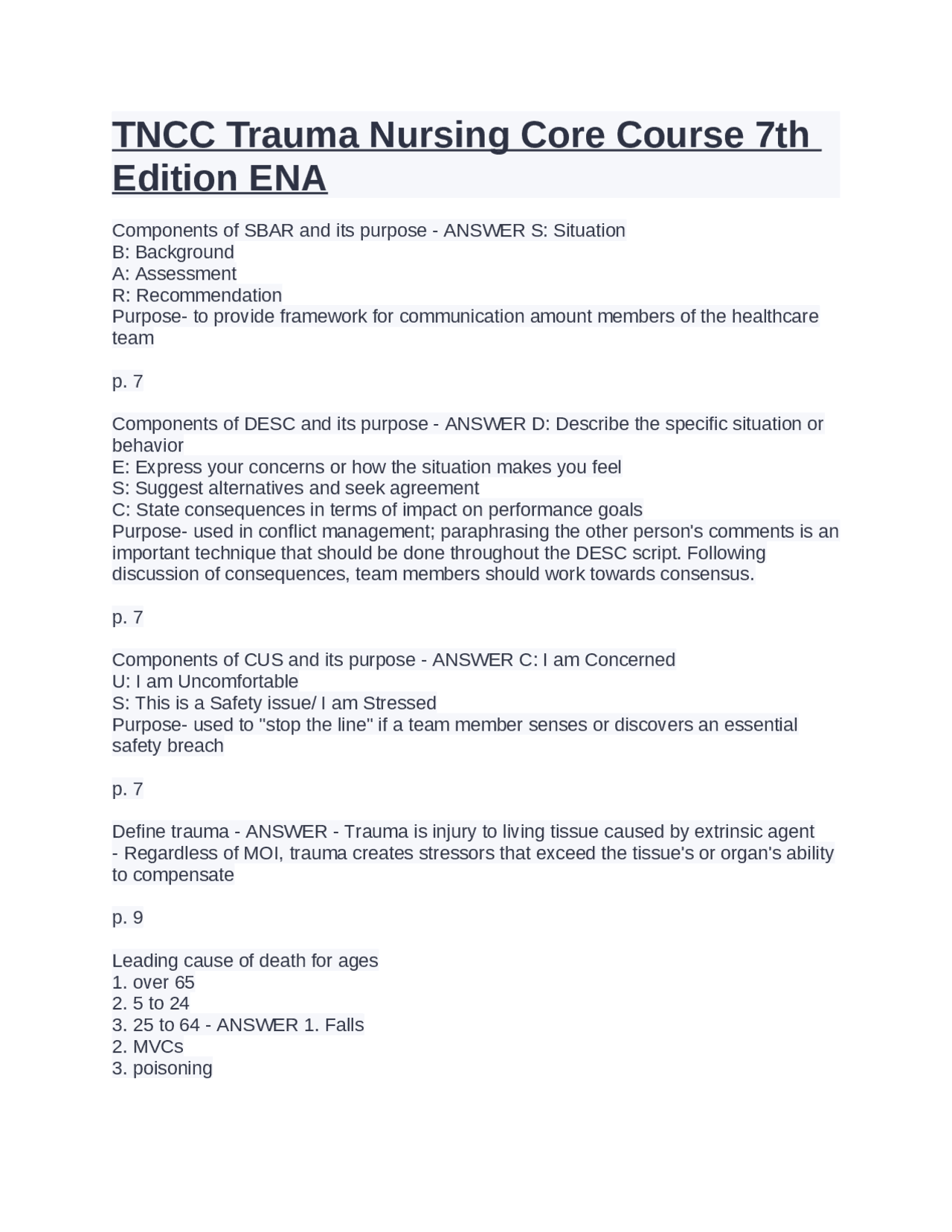 TNCC Trauma Nursing Core Course 7th Edition ENA - Docsity