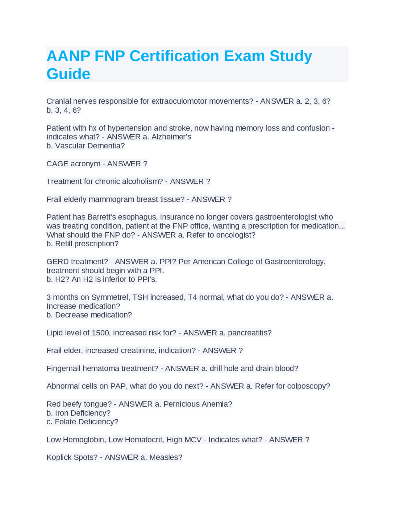 AANP FNP Certification Exam Study Guide Docsity