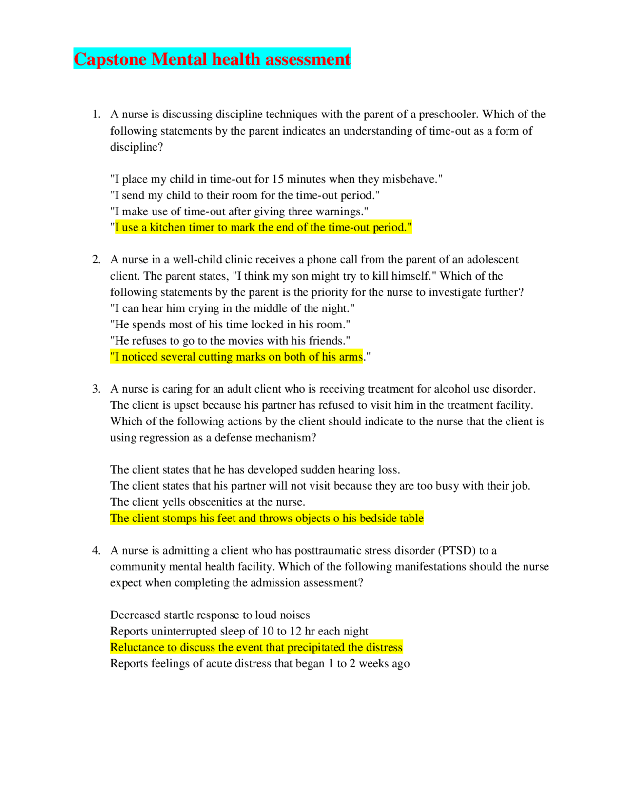 Capstone Mental health assessment Docsity