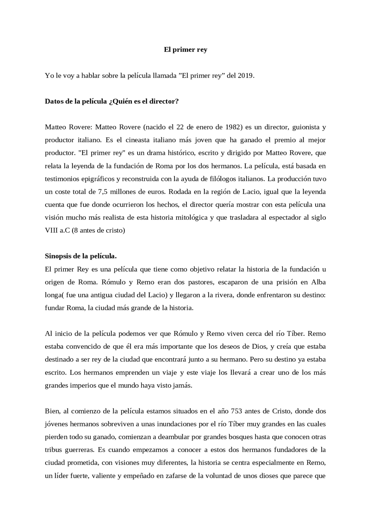 Reseña de Pelicula El primer rey Resúmenes de Historia Docsity