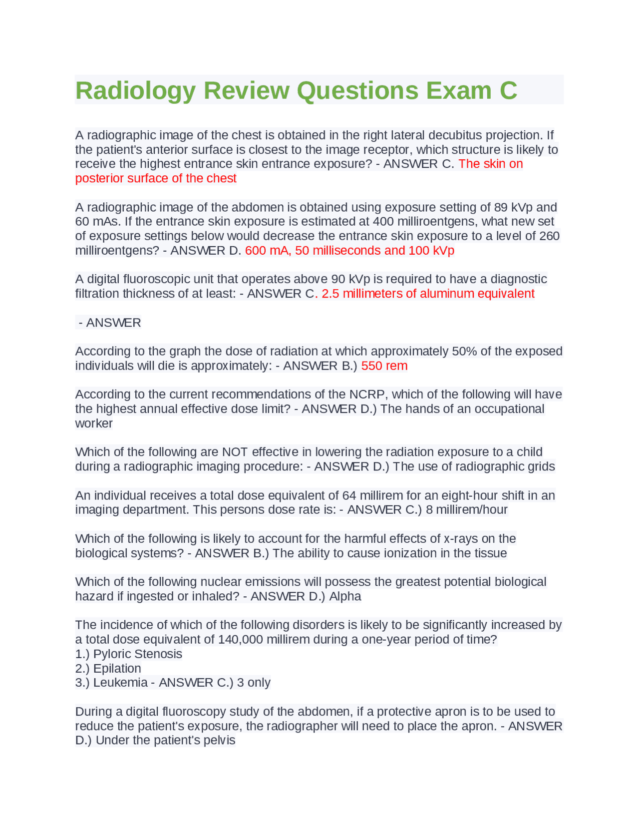 Radiology Review Questions Exam C Exams Nursing Docsity