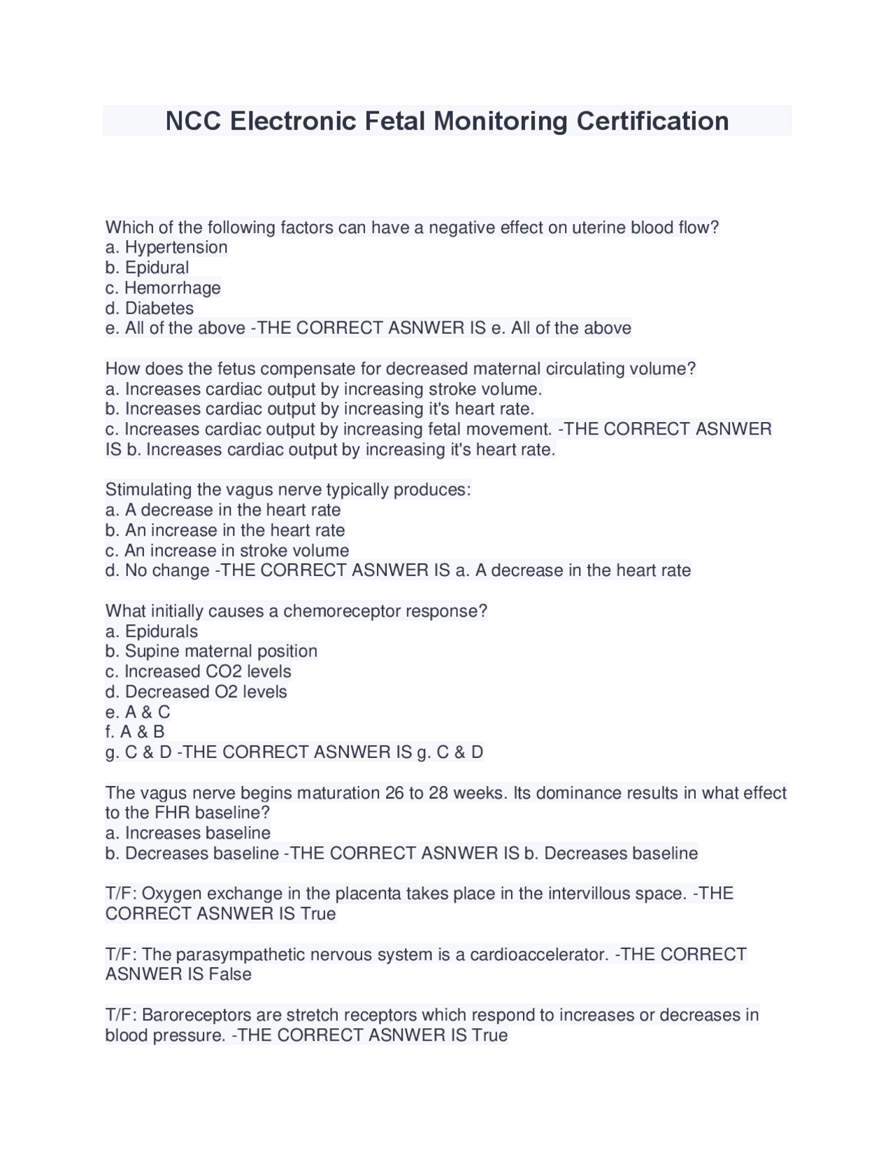 NCC Electronic Fetal Monitoring Certification Test Bank (Latest 2022/