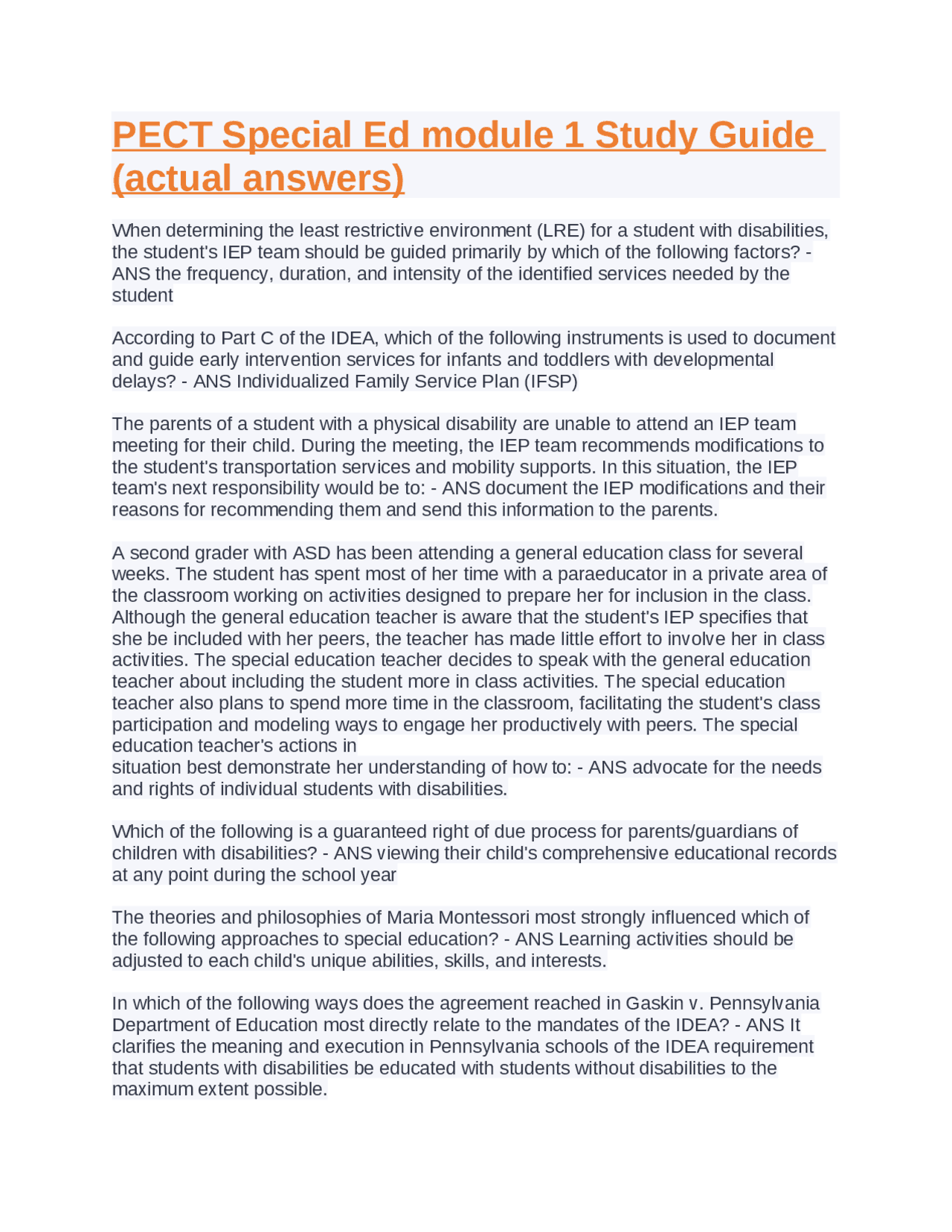 PECT Special Ed module 1 Study Guide (actual answers). - Docsity