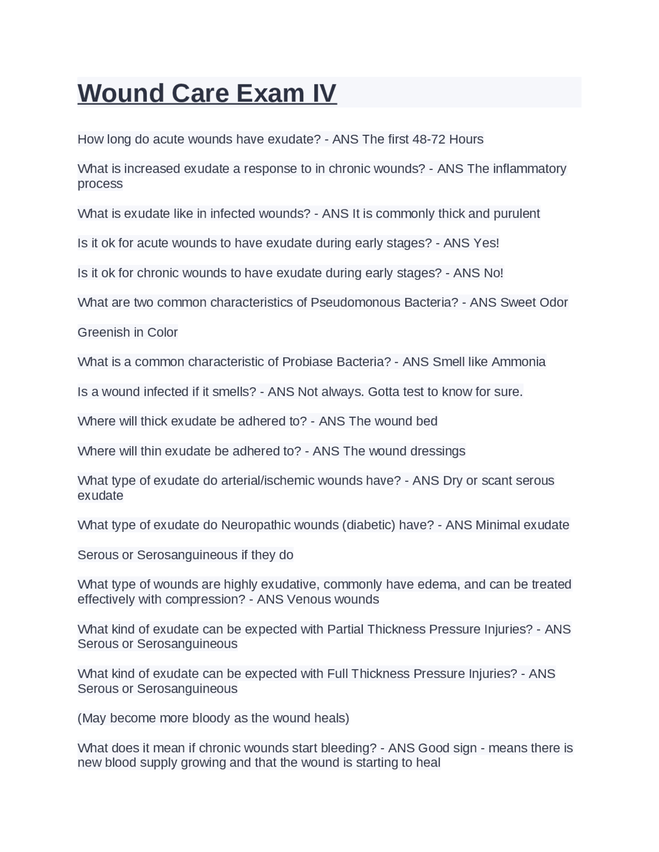 Wound Care Exam IV. Questions and Answers Docsity