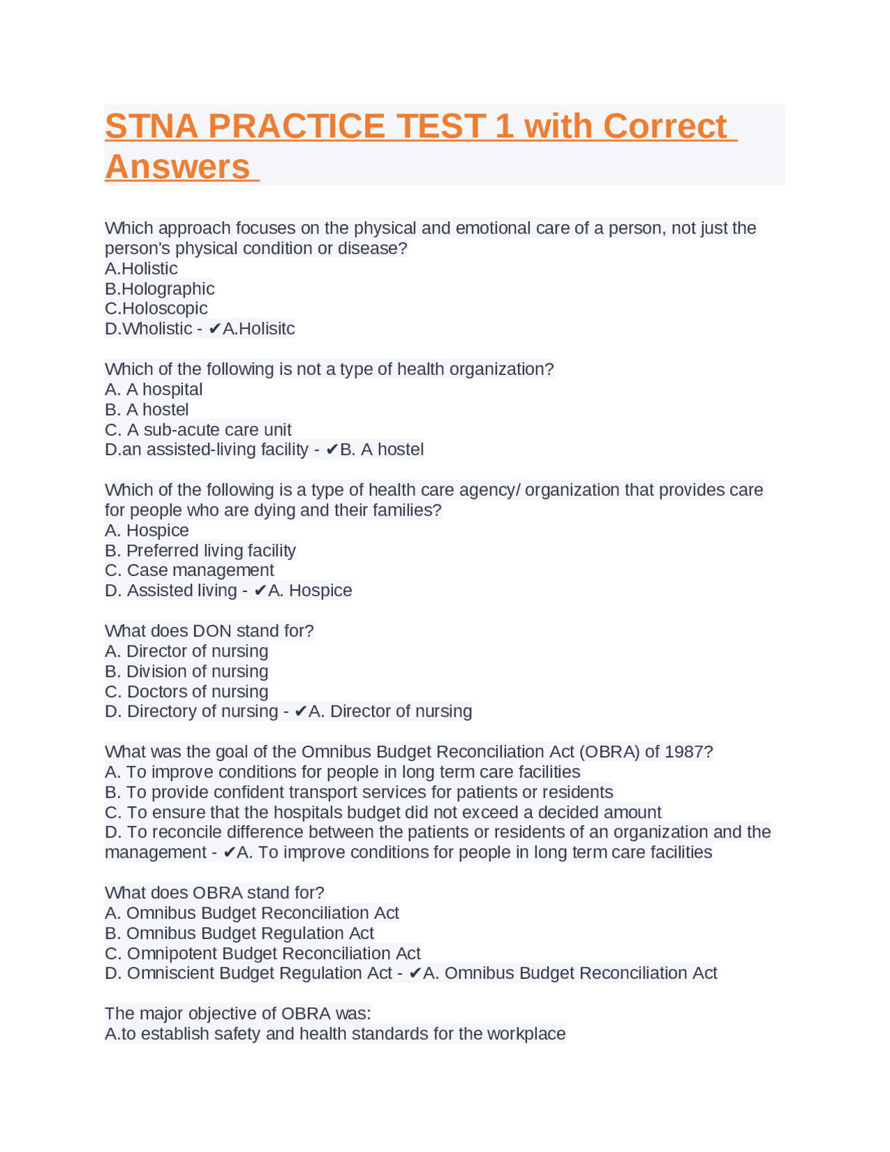 STNA PRACTICE TEST 1 with Correct Answers. - Docsity