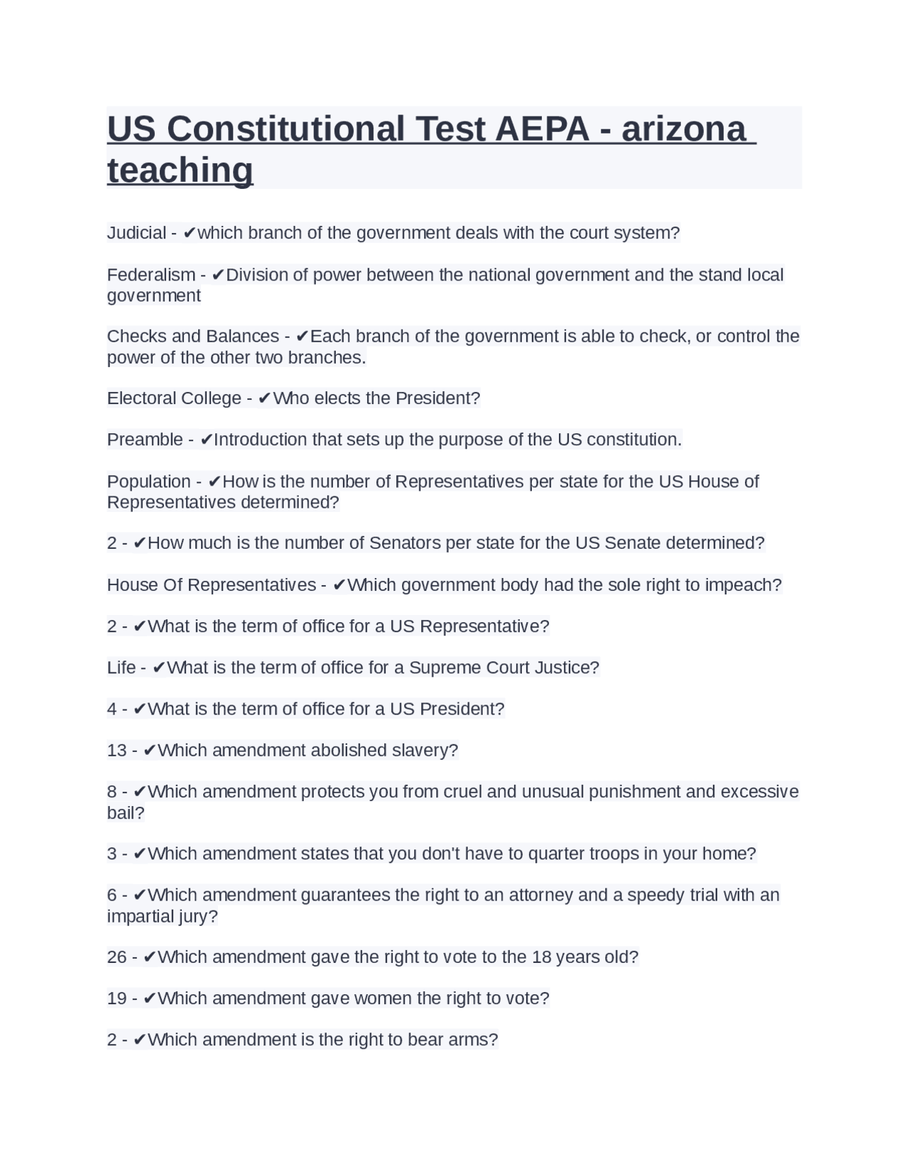 US Constitutional Test AEPA - arizona teaching - Docsity