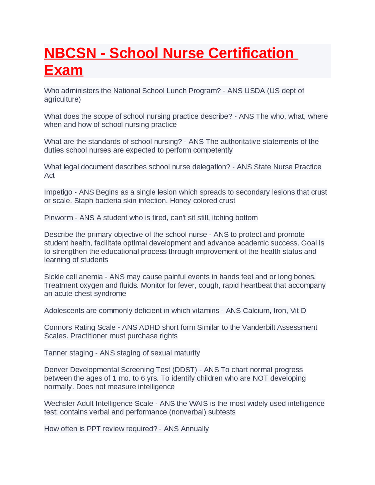 NBCSN School Nurse Certification Exam Question and Answers Exams NBCSN School Nurse Certification Exam Question and Answers Exams