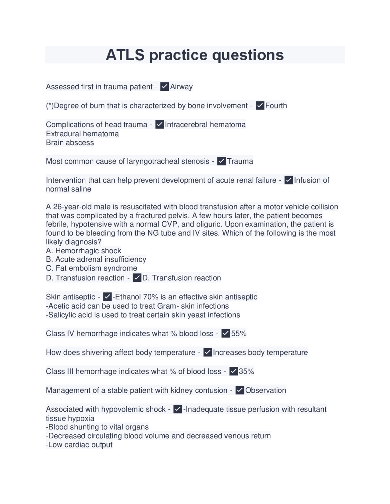 ATLS practice questions and Answers (2022/2023) Verified Answers ...