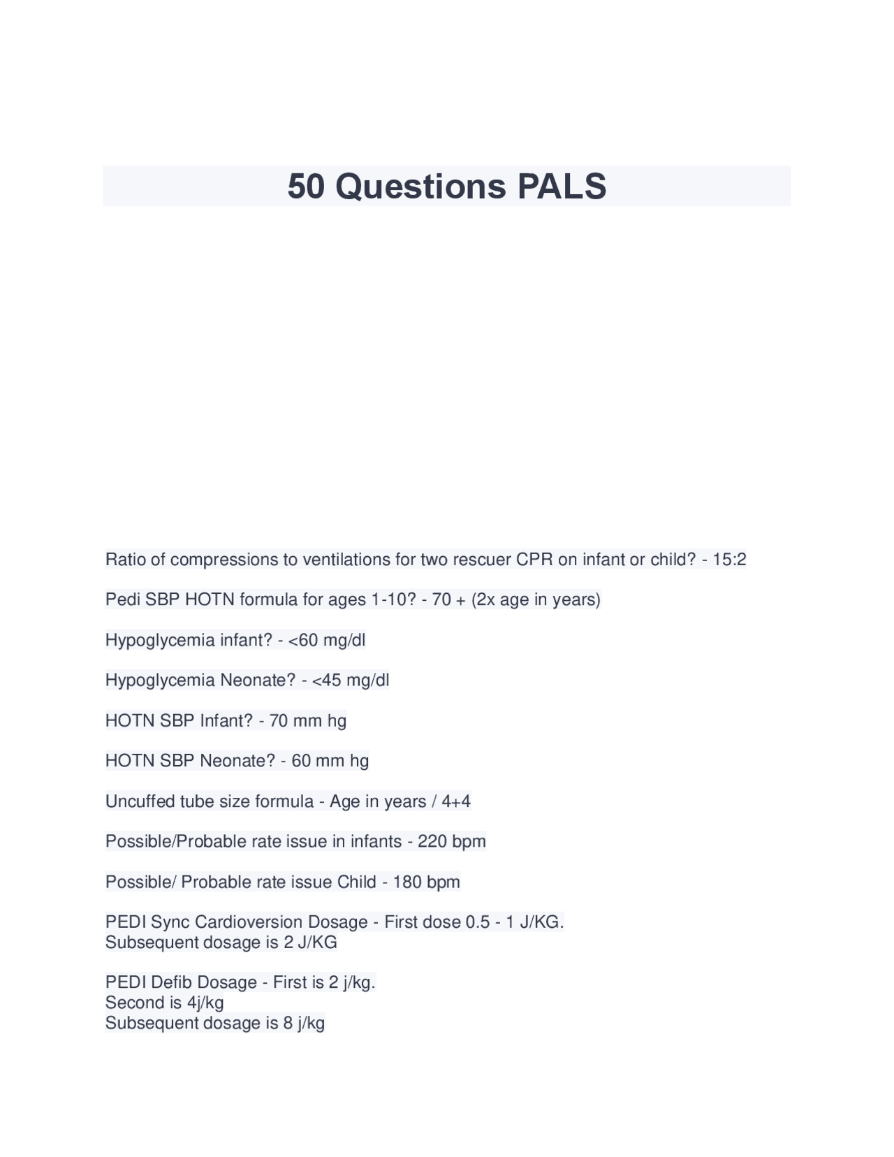 50 Questions PALS (100% Correct Answers ) 2022/2023 | Exams Medicine ...