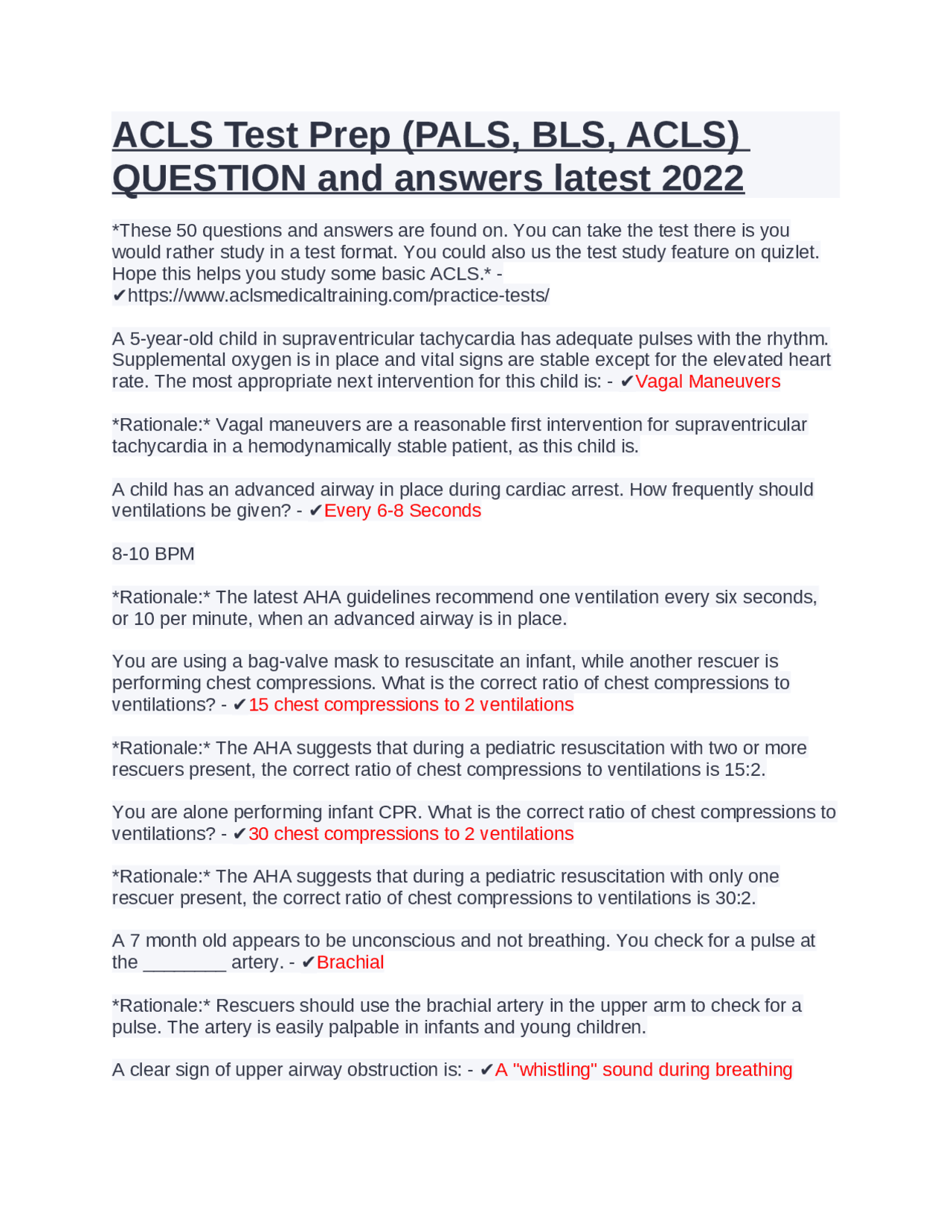 ACLS Test Prep (PALS, BLS, ACLS) QUESTION and answers latest 2025