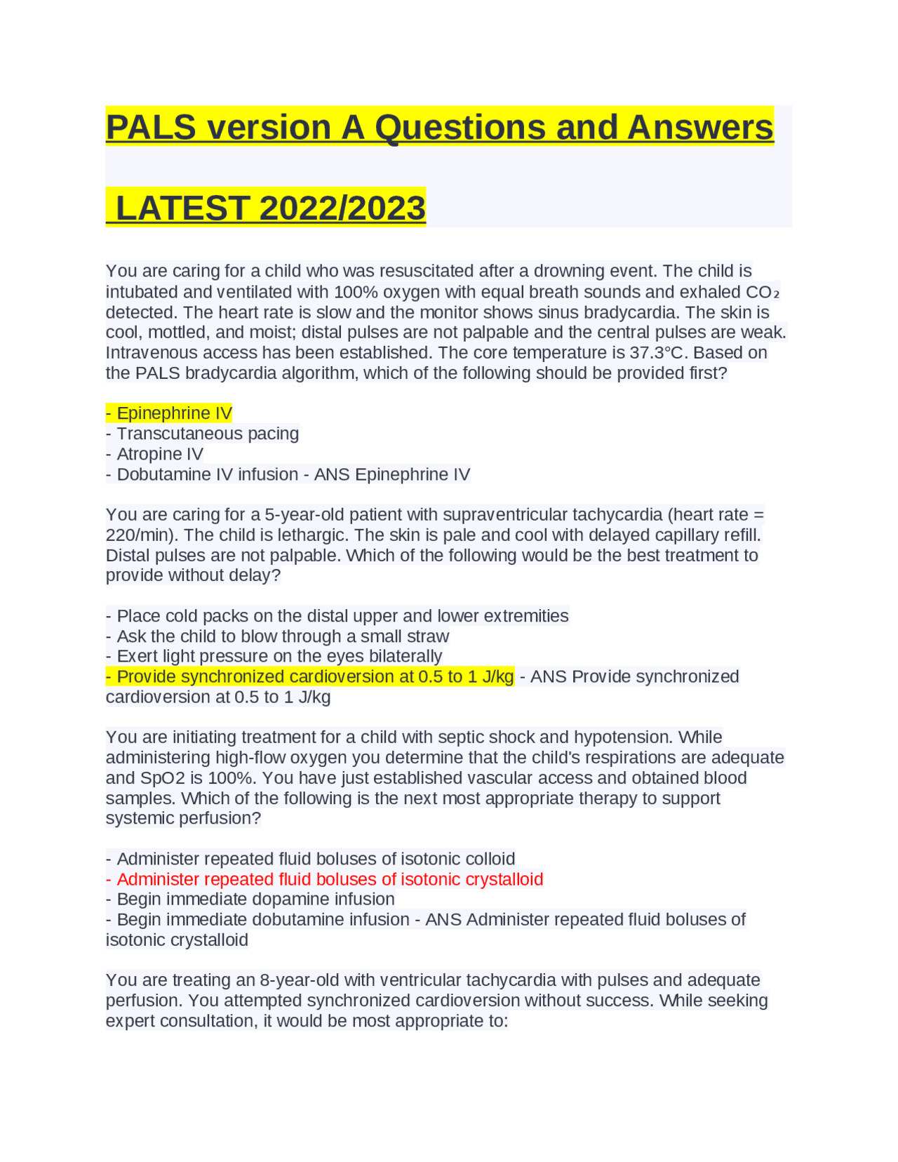 PALS version A Questions and Answers | Exams Nursing | Docsity