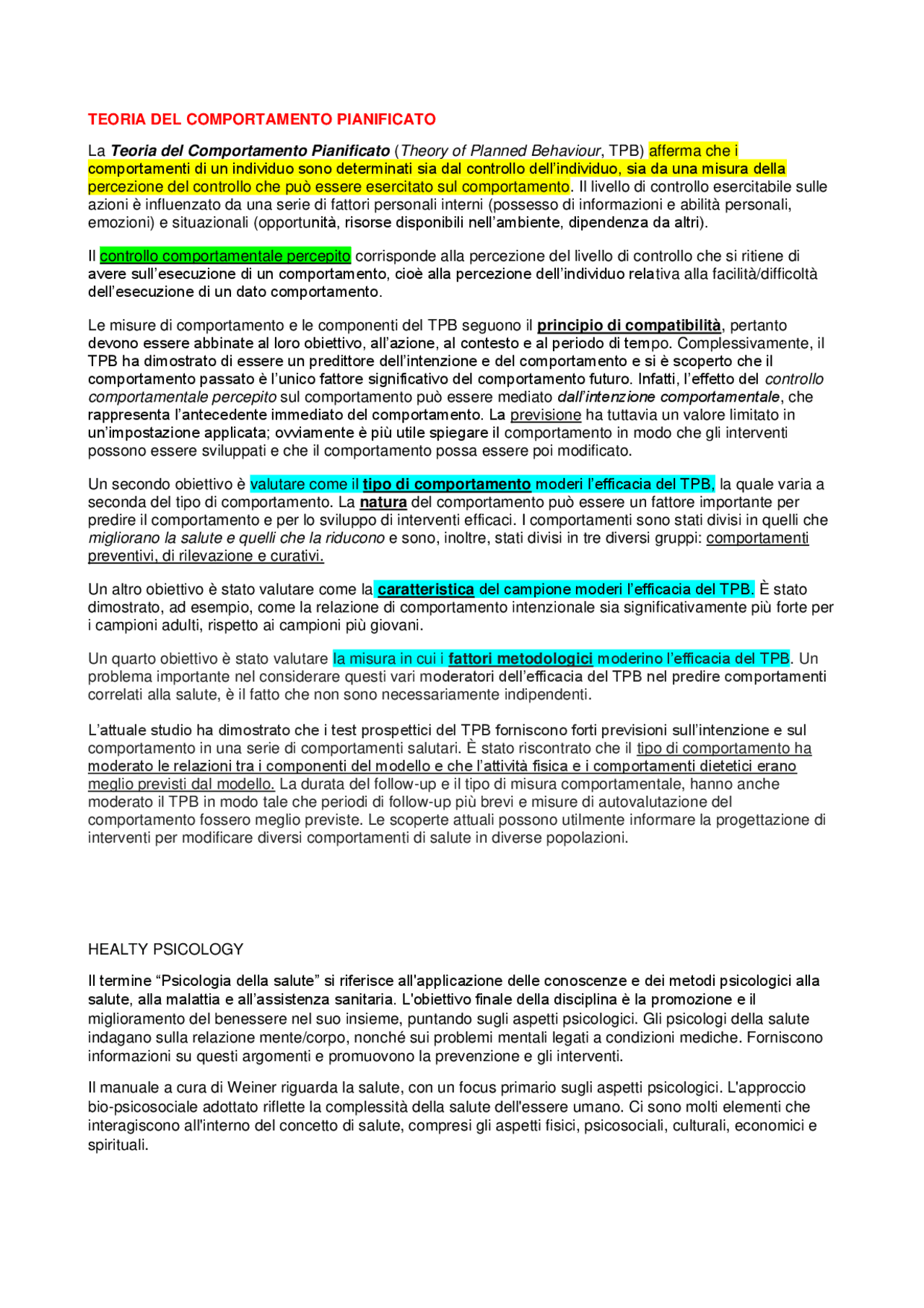 TEORIA del comportamento pianificato Appunti di Psicologia Clinica