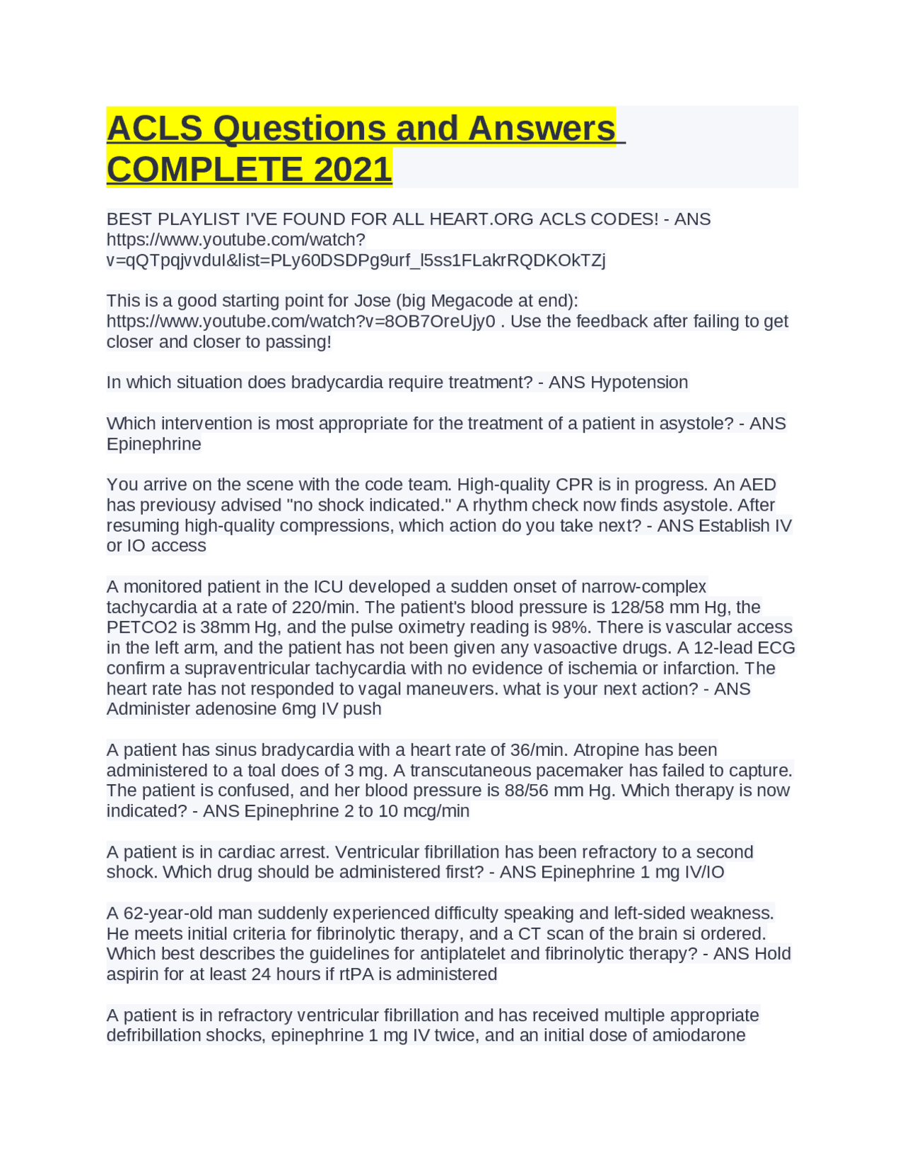 ACLS Questions and Answers COMPLETE 2021 | Exams Nursing | Docsity