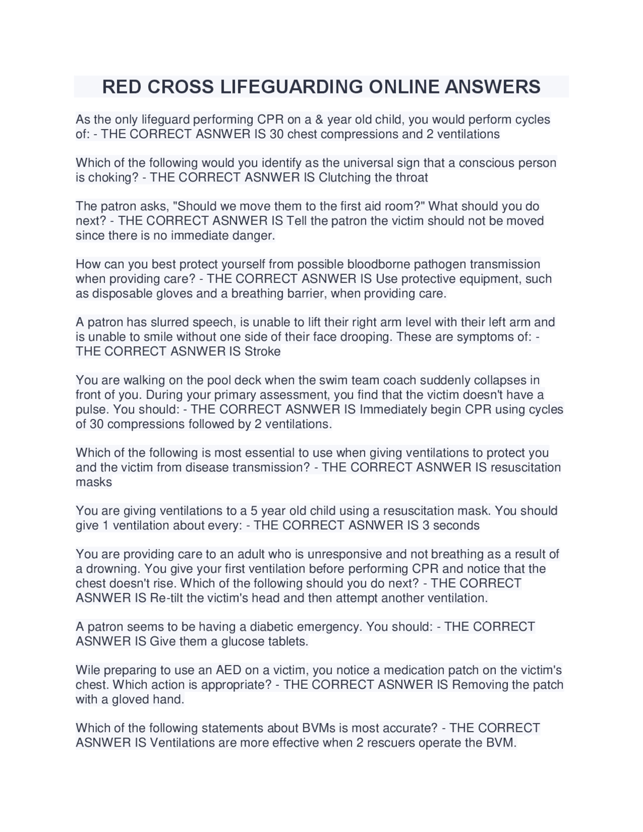 RED CROSS LIFEGUARDING ONLINE QUESTION AND ANSWERS 2022/2023 | Exams ...