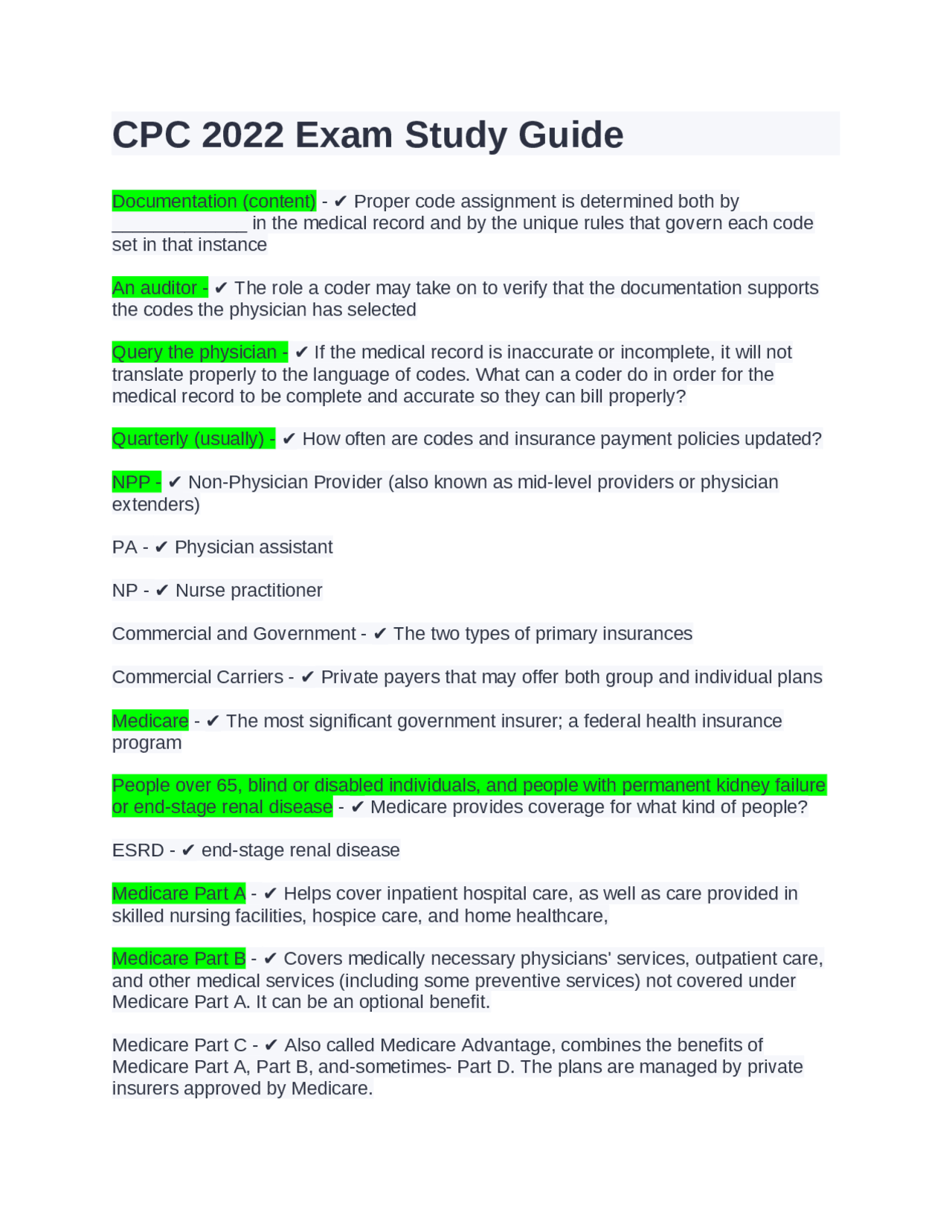 CPC 2022 Exam Study Guide. | Exams Nursing | Docsity