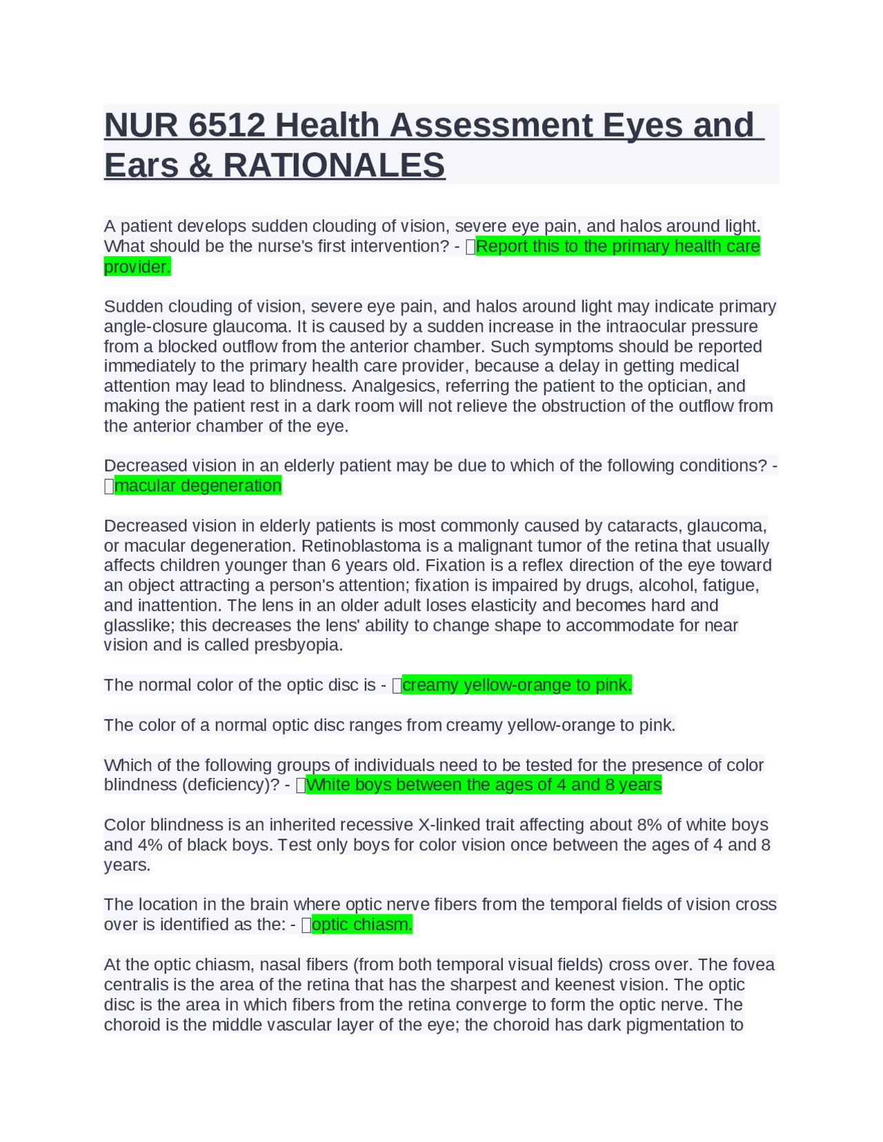 NUR 6512 Health Assessment Eyes and Ears & RATIONALES Exams Nursing