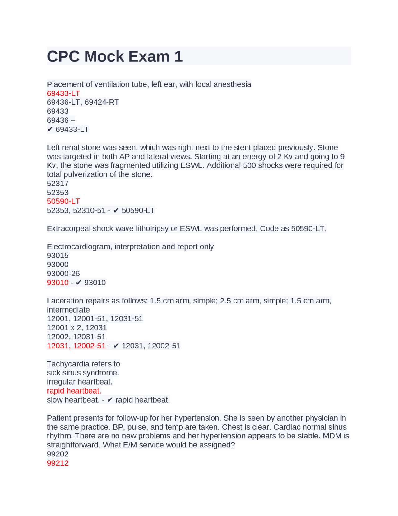 CPC Mock Exam 1 Questions/Answers 2022/2023 | Exams Nursing | Docsity