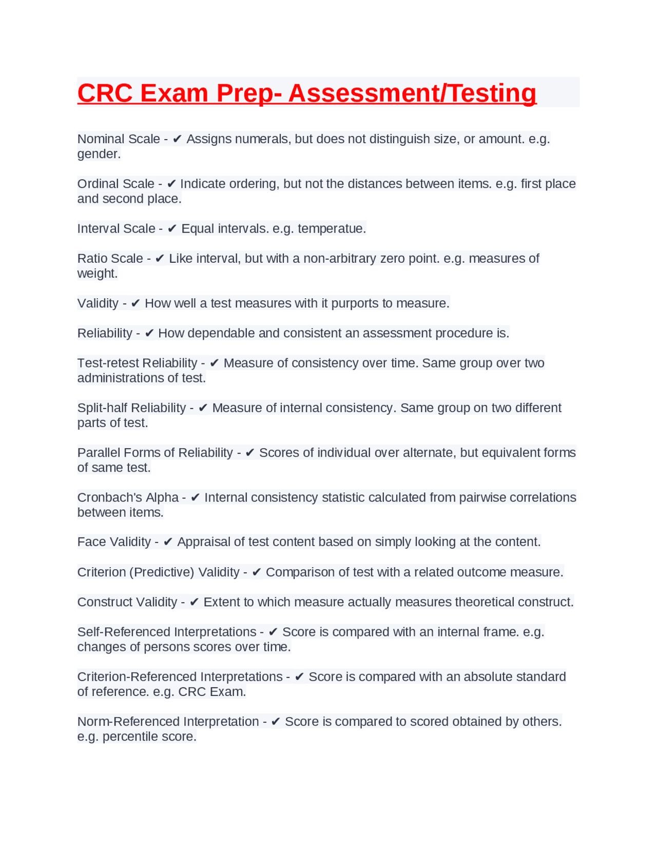 CRC Exam Prep Assessment Testing Exams Nursing Docsity