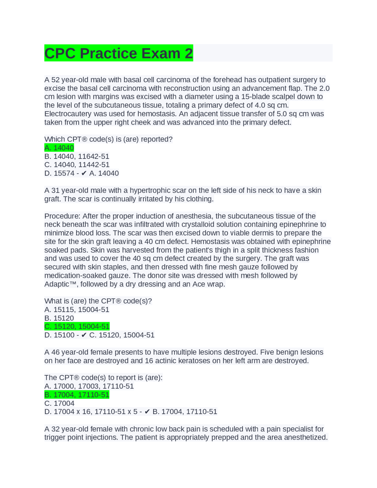 CPC Practice Exam 2 Questions and Answers 2022 | Exams Nursing | Docsity