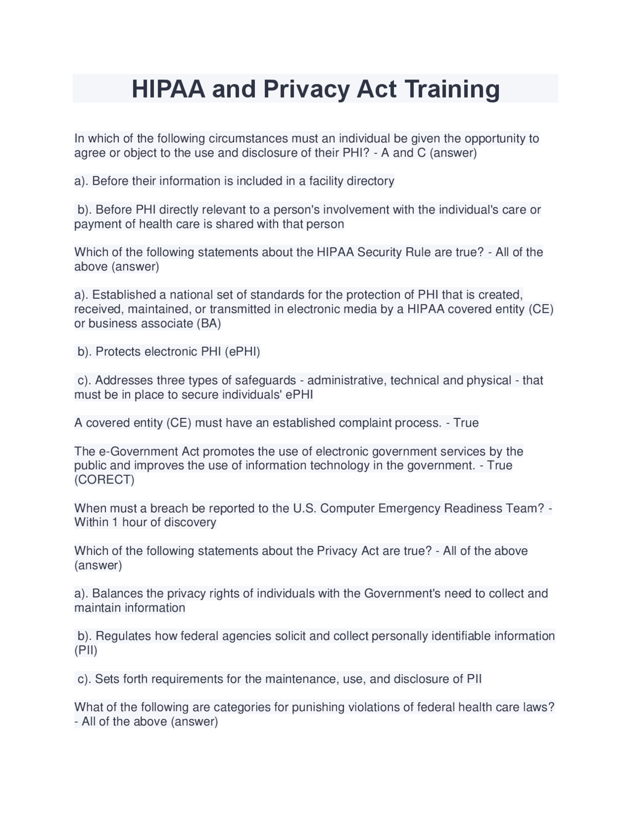HIPAA and Privacy Act Training Exam (Latest 2022/2023) 100% Correct and Verified Answers | Exams ...