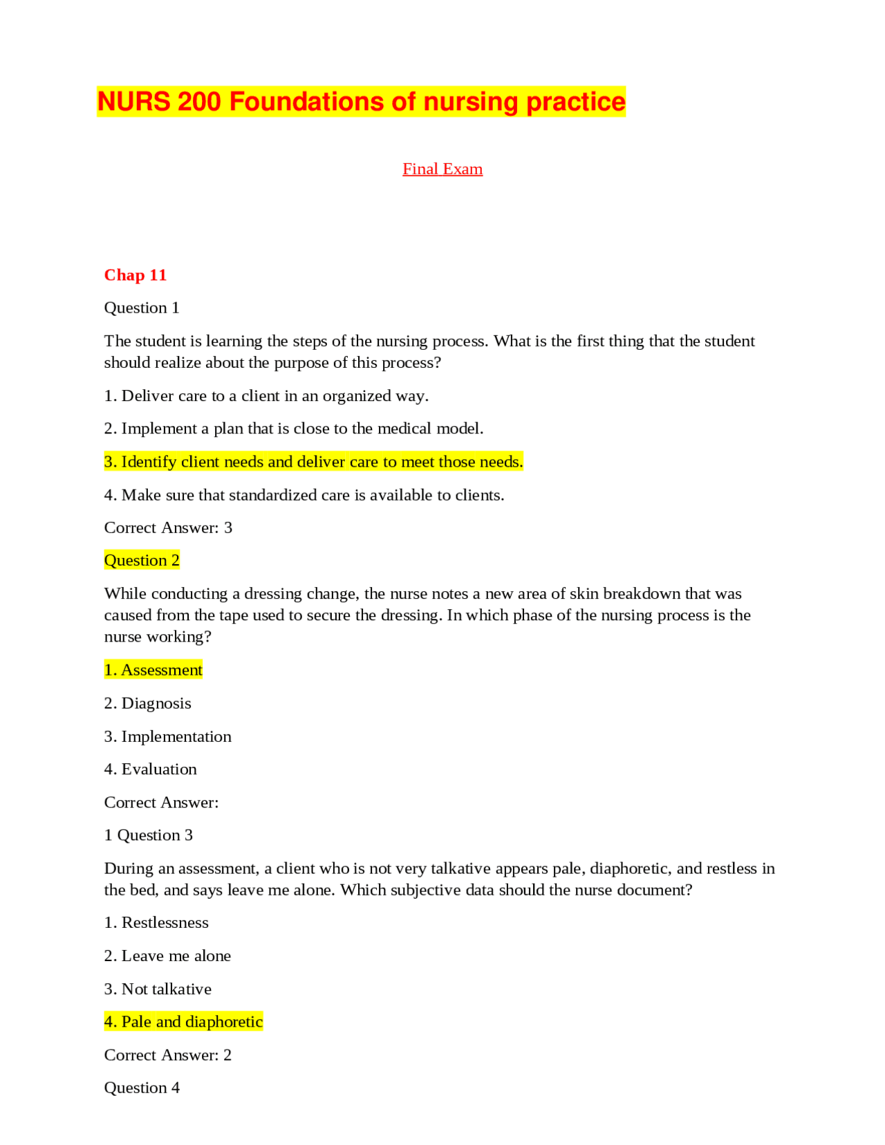 NURS 200 Foundations of nursing practice Final Exam Banks LATEST